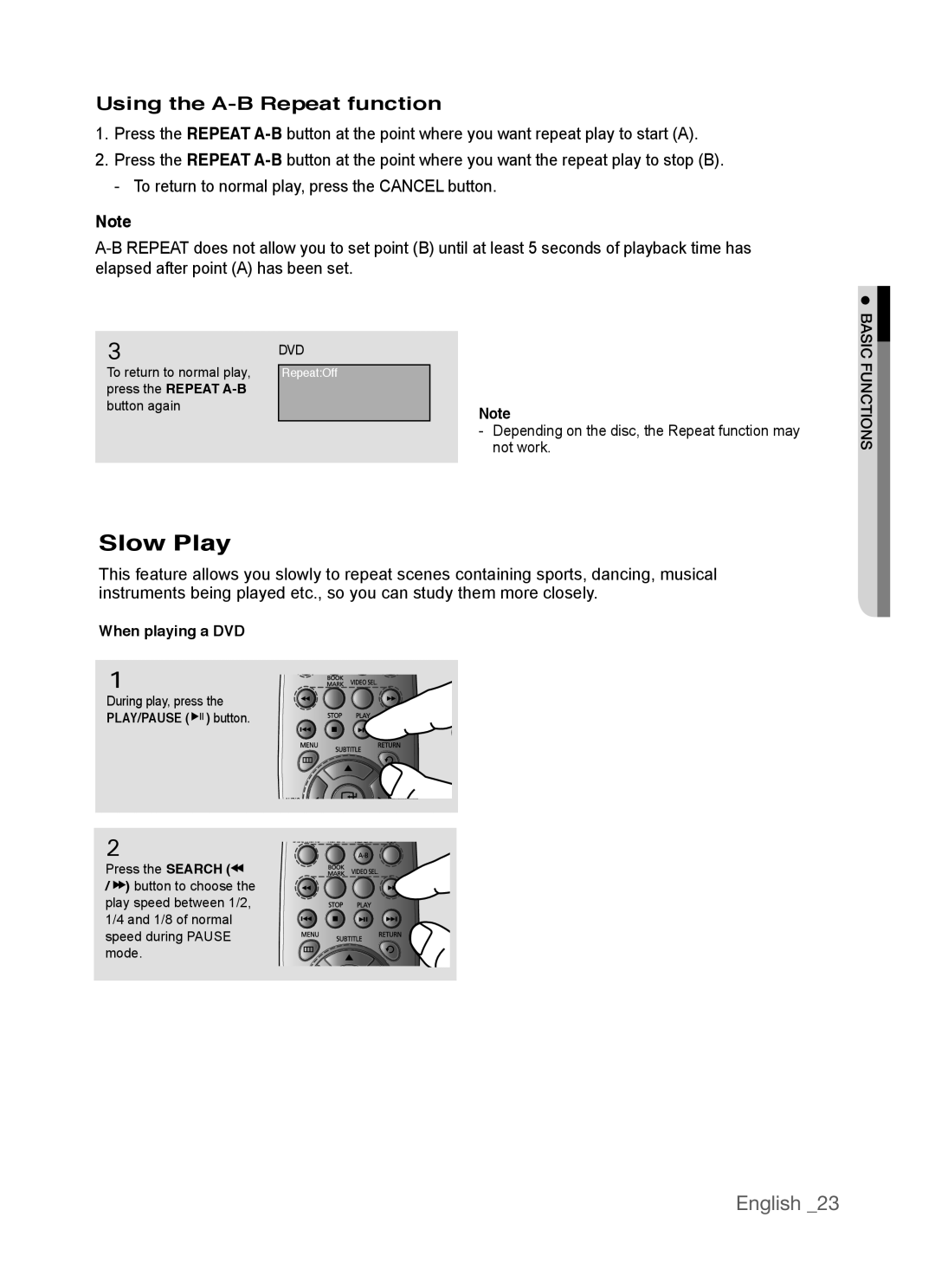 Samsung AK68-01770G, DVD-P390 user manual Slow Play, Using the A-B Repeat function, English 