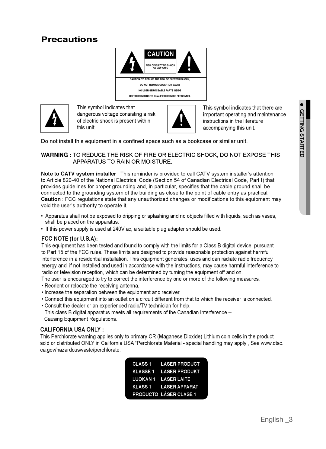 Samsung AK68-01770G, DVD-P390 user manual Precautions, English, FCC NOTE for U.S.A, California Usa Only 