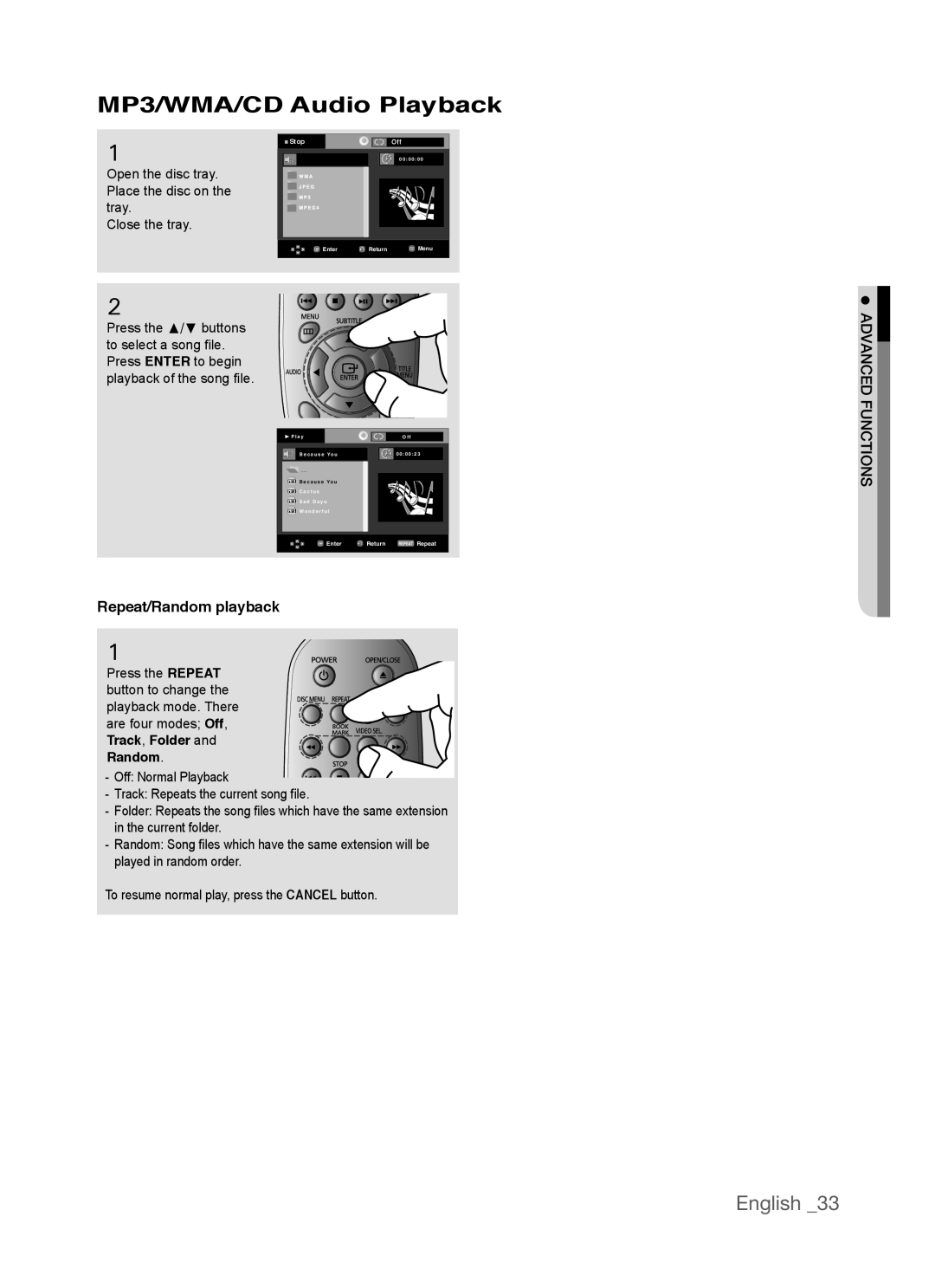 Samsung AK68-01770G, DVD-P390 user manual MP3/WMA/CD Audio Playback, English, Repeat/Random playback 