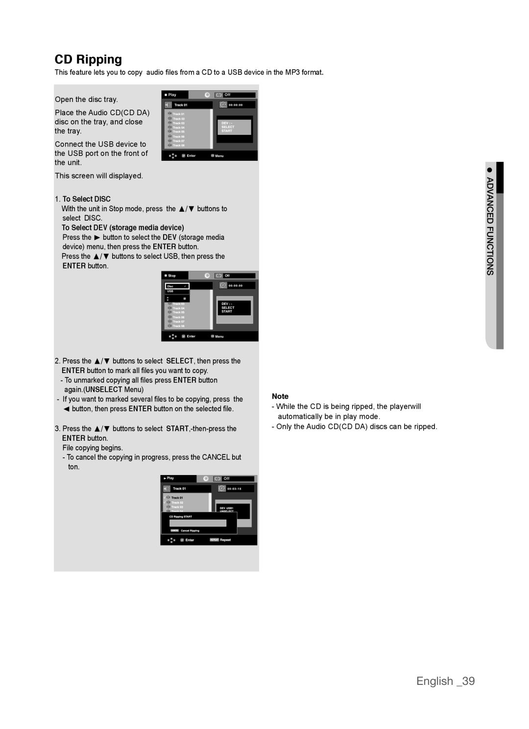 Samsung AK68-01770G, DVD-P390 user manual CD Ripping, English, To Select DISC, To Select DEV storage media device 