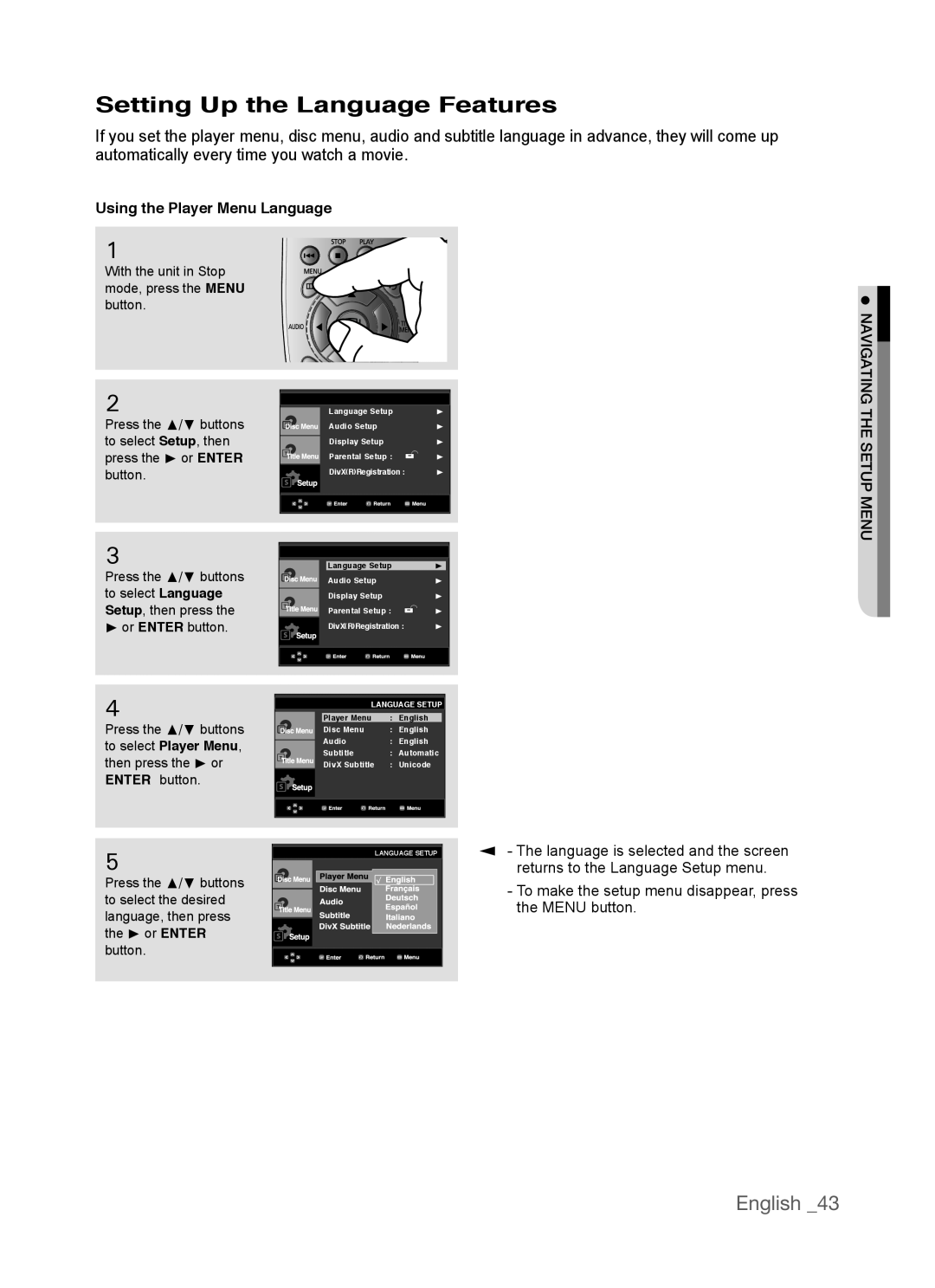 Samsung AK68-01770G, DVD-P390 user manual Setting Up the Language Features, English, Using the Player Menu Language 
