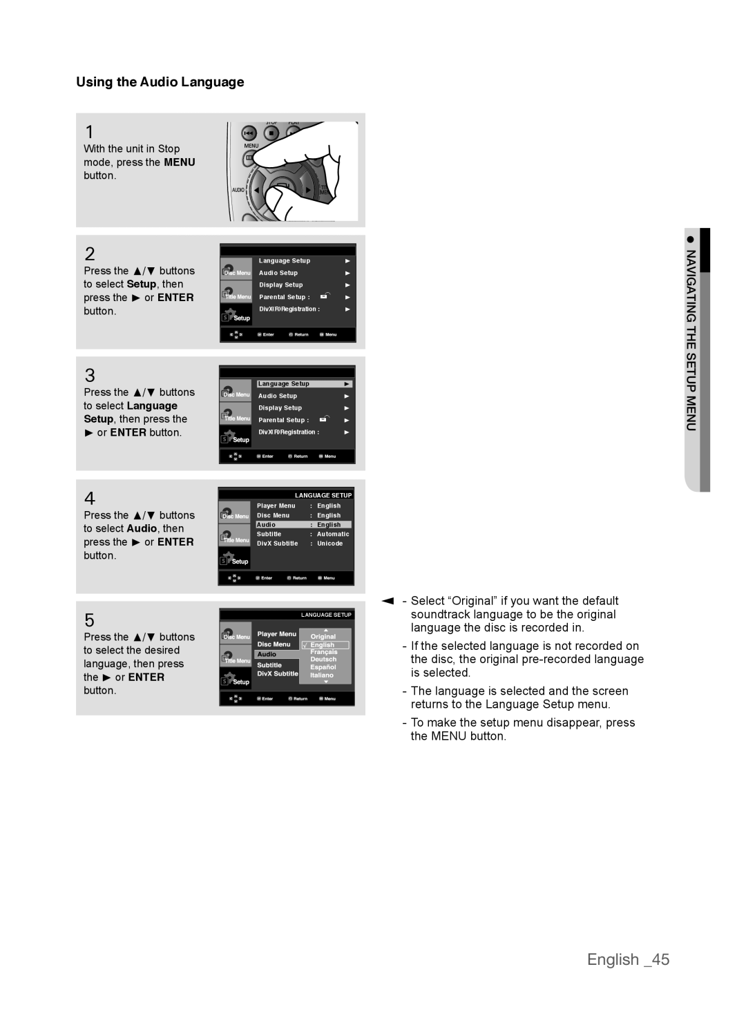 Samsung AK68-01770G, DVD-P390 user manual Using the Audio Language, English 