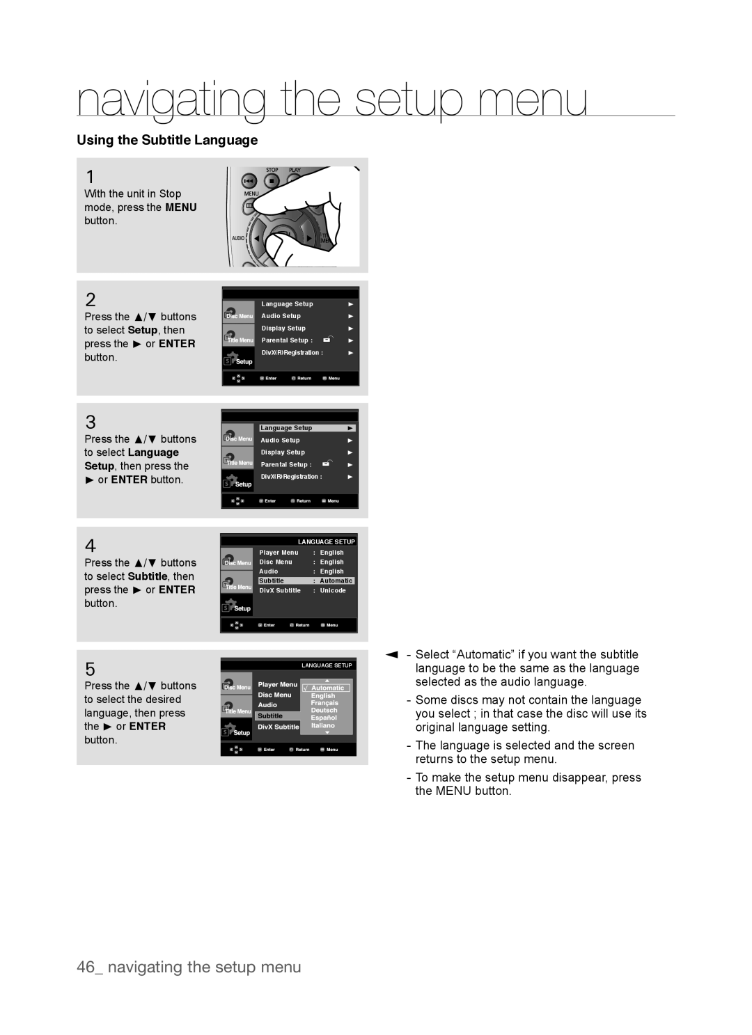 Samsung DVD-P390, AK68-01770G user manual navigating the setup menu, Using the Subtitle Language 