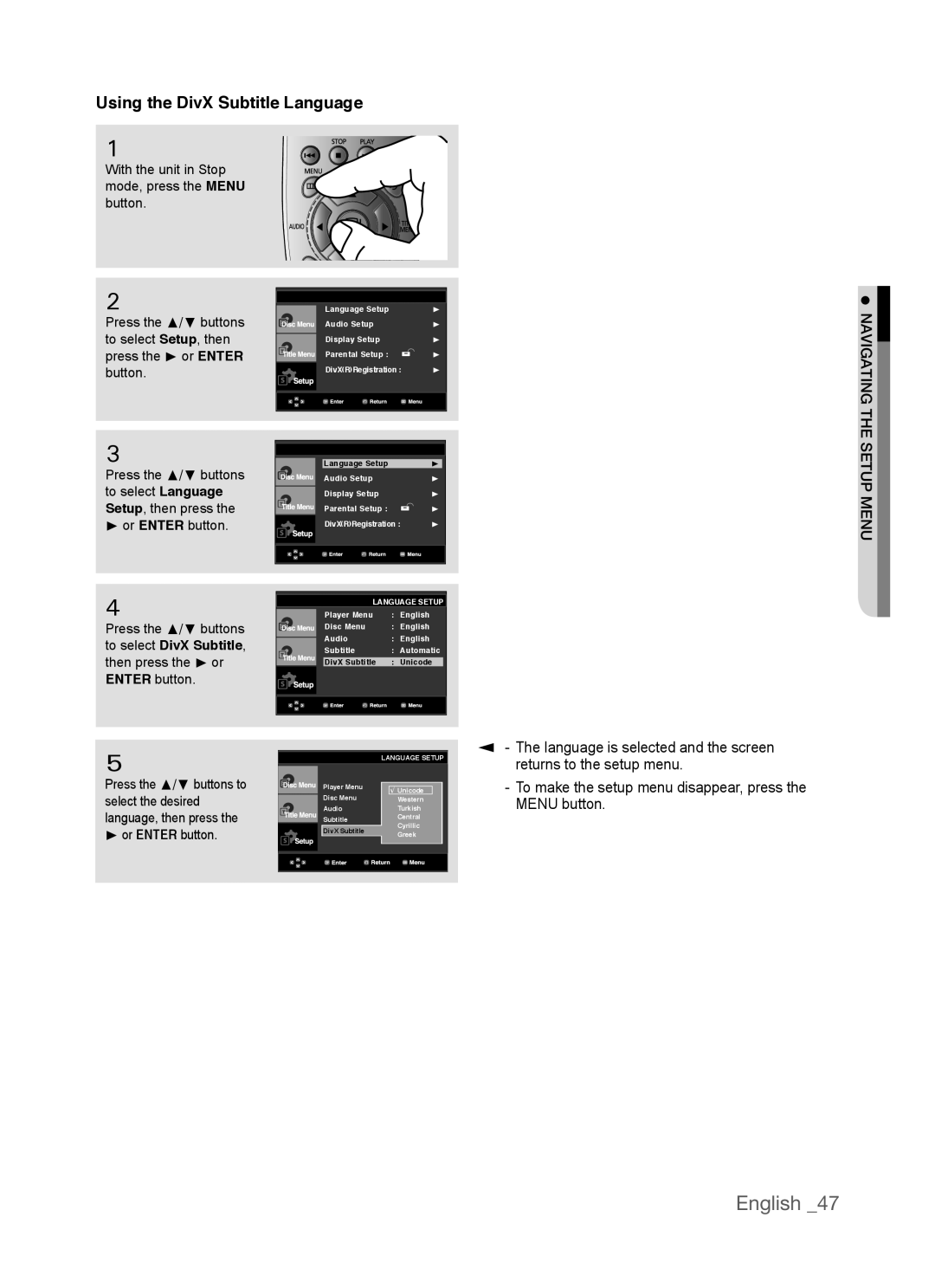 Samsung AK68-01770G, DVD-P390 user manual Using the DivX Subtitle Language, English 