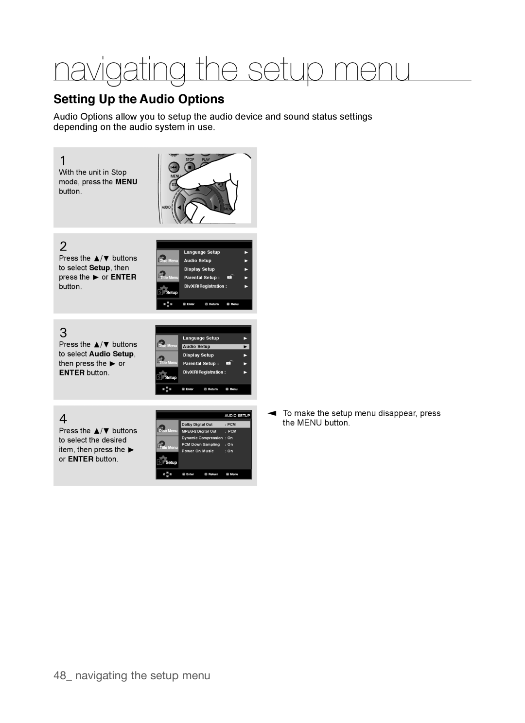 Samsung DVD-P390, AK68-01770G user manual Setting Up the Audio Options, navigating the setup menu, the MENU button 