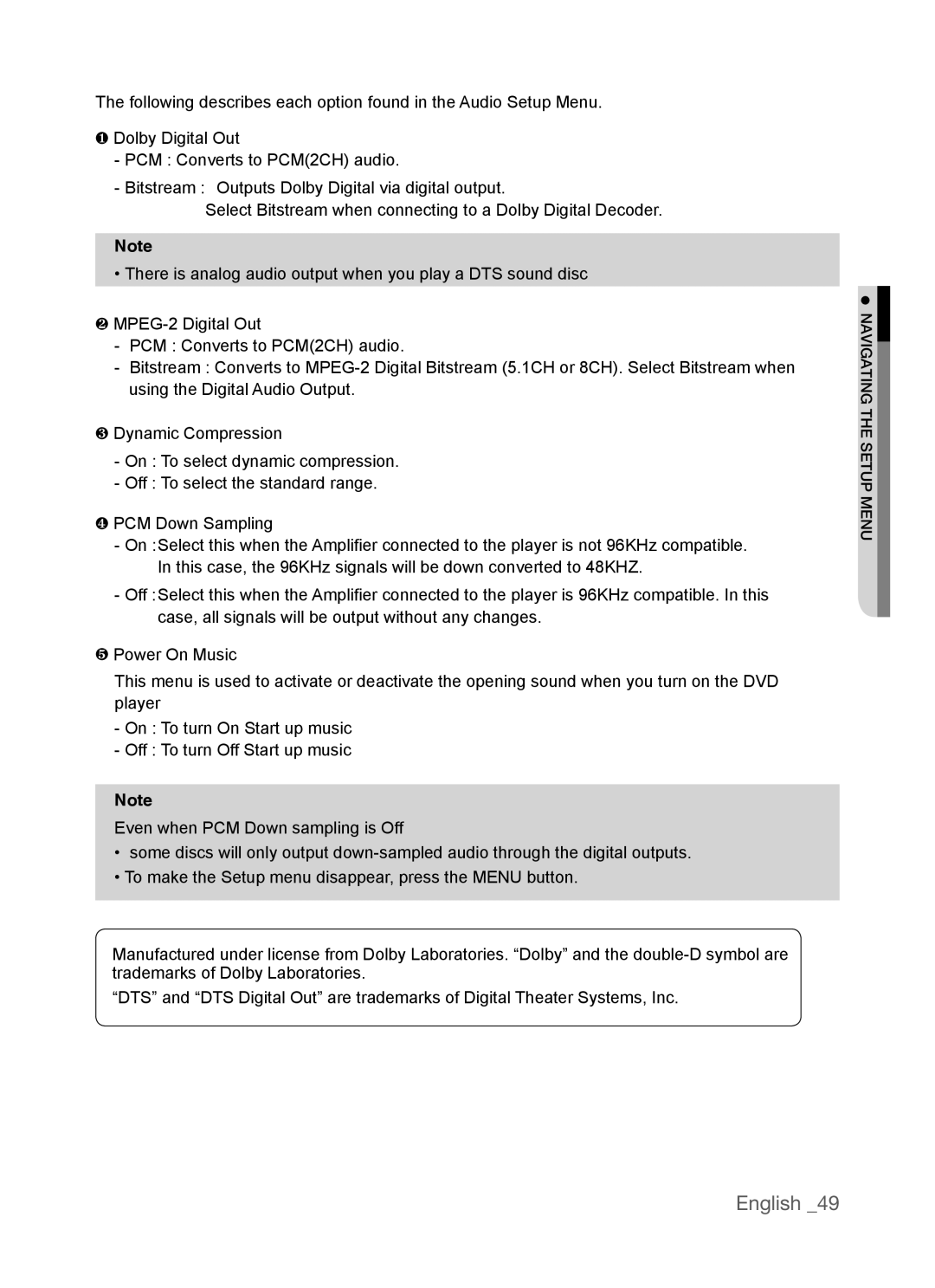 Samsung AK68-01770G, DVD-P390 user manual English, The following describes each option found in the Audio Setup Menu 