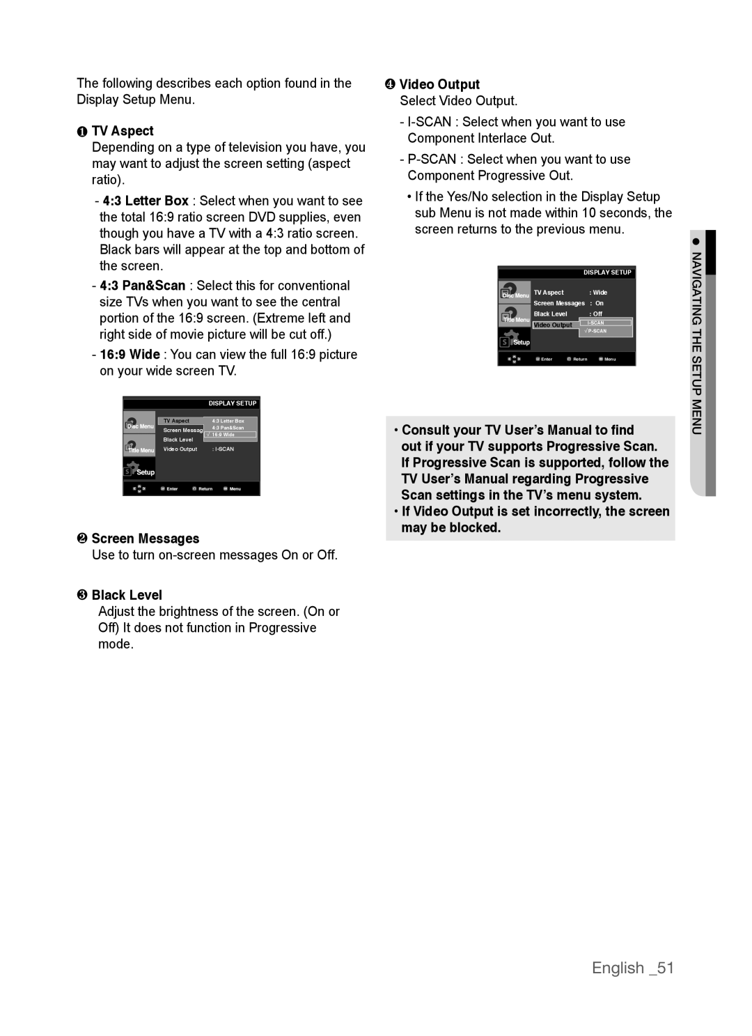 Samsung AK68-01770G, DVD-P390 user manual ❶ TV Aspect, ❷ Screen Messages, ❸ Black Level, ❹ Video Output, English 