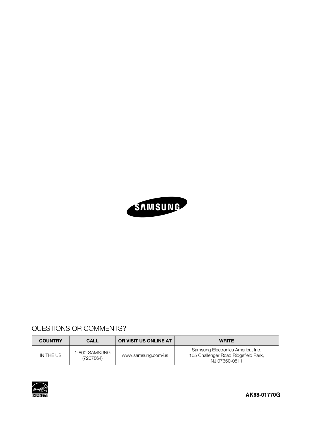 Samsung DVD-P390 user manual Questions Or Comments?, AK68-01770G, Country, Call, Or Visit Us Online At, Write 