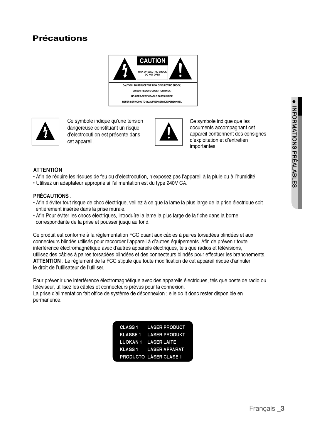 Samsung AK68-01770G, DVD-P390 user manual Précautions, Français 
