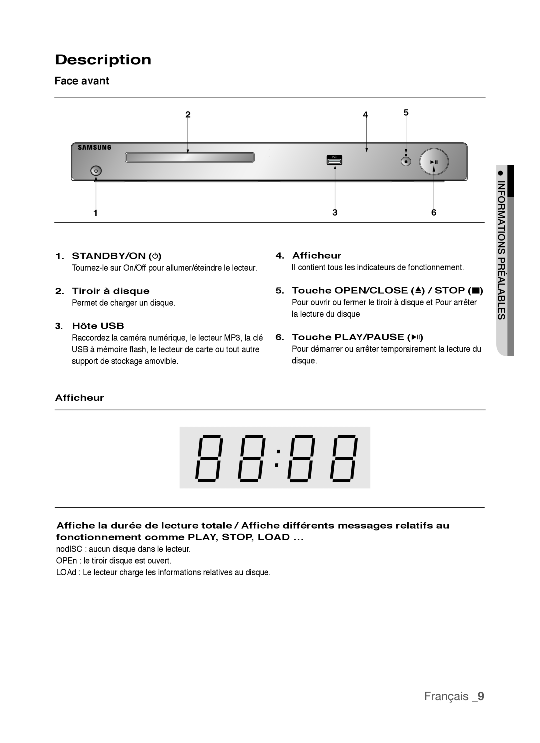 Samsung AK68-01770G Face avant, Informations, Préalables, Description, Français, Standby/On, Afficheur, Tiroir à disque 