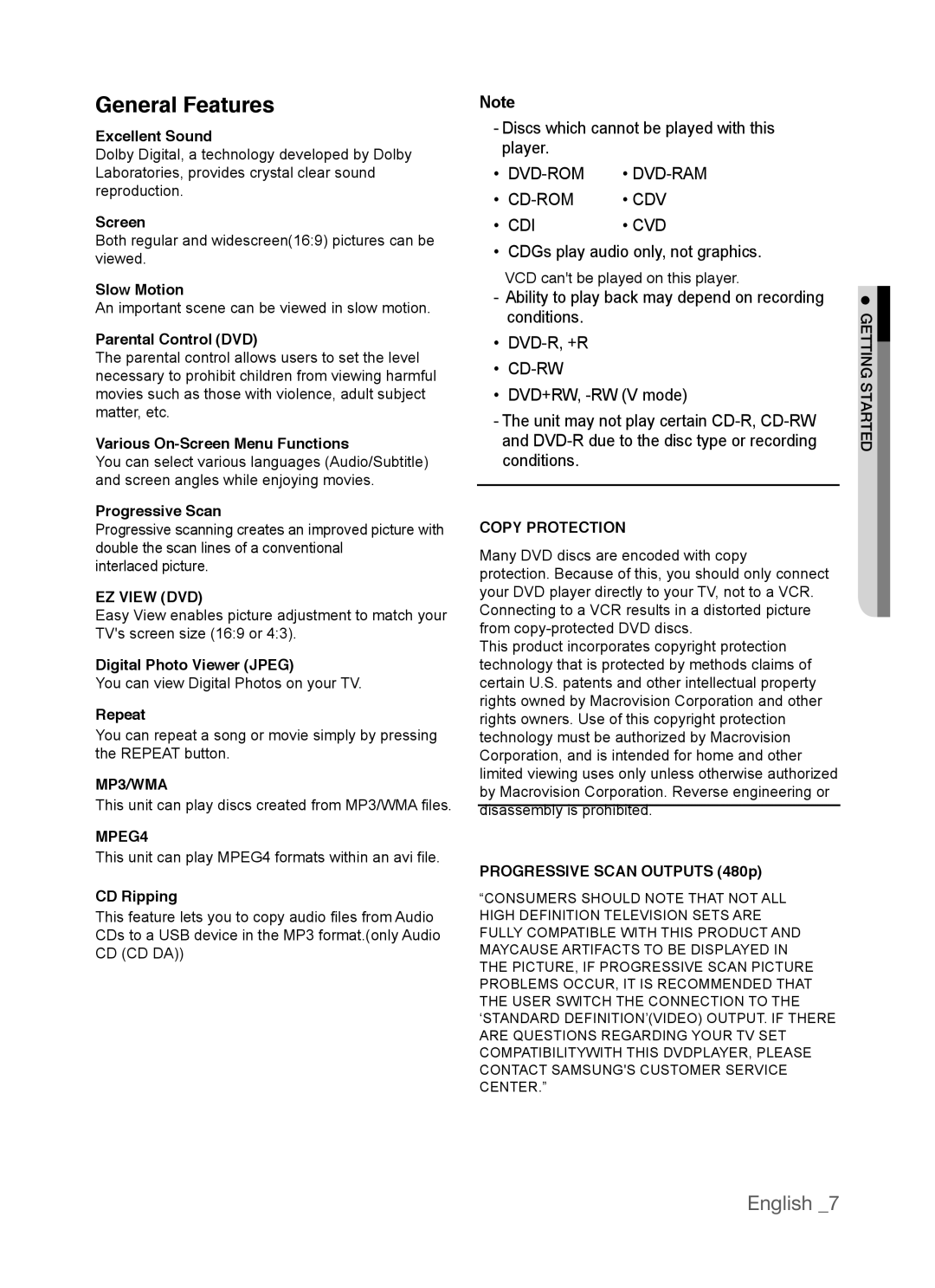 Samsung AK68-01770G, DVD-P390 user manual General Features, English 