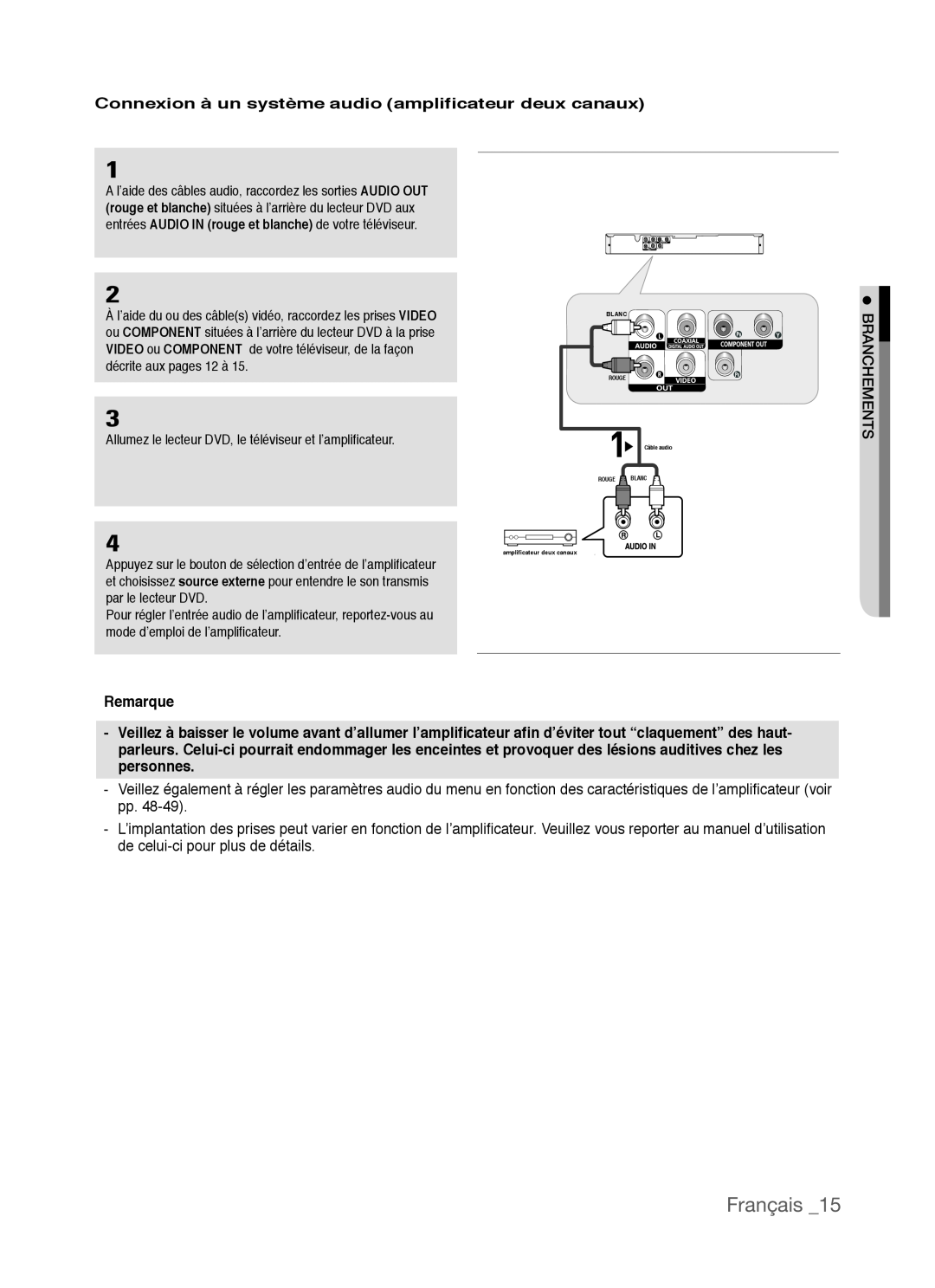 Samsung AK68-01770G, DVD-P390 user manual Français, Connexion à un système audio amplificateur deux canaux, Remarque 