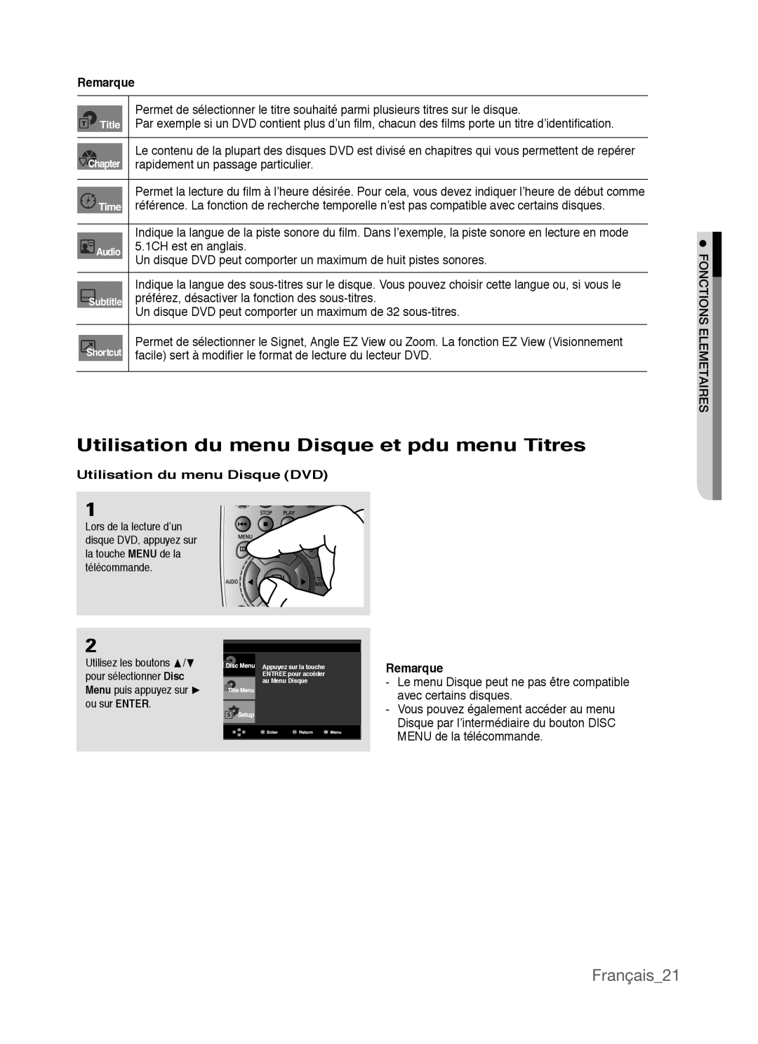Samsung AK68-01770G Utilisation du menu Disque et pdu menu Titres, Français21, Remarque, Utilisation du menu Disque DVD 