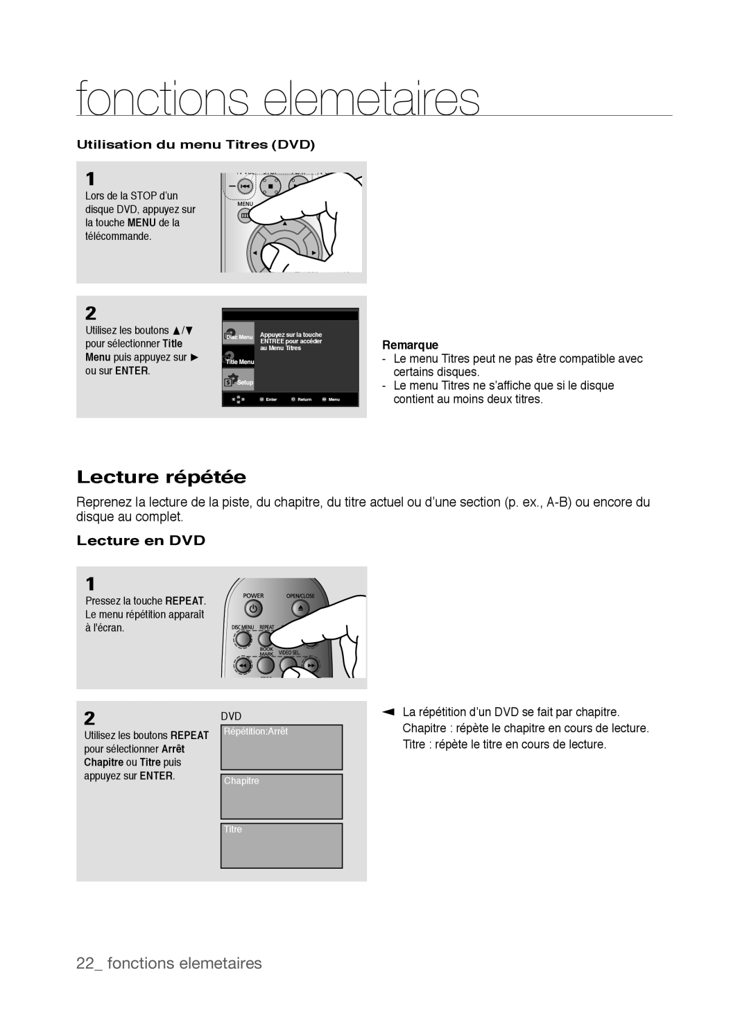Samsung DVD-P390 Lecture répétée, fonctions elemetaires, Lecture en DVD, Utilisation du menu Titres DVD, Remarque 