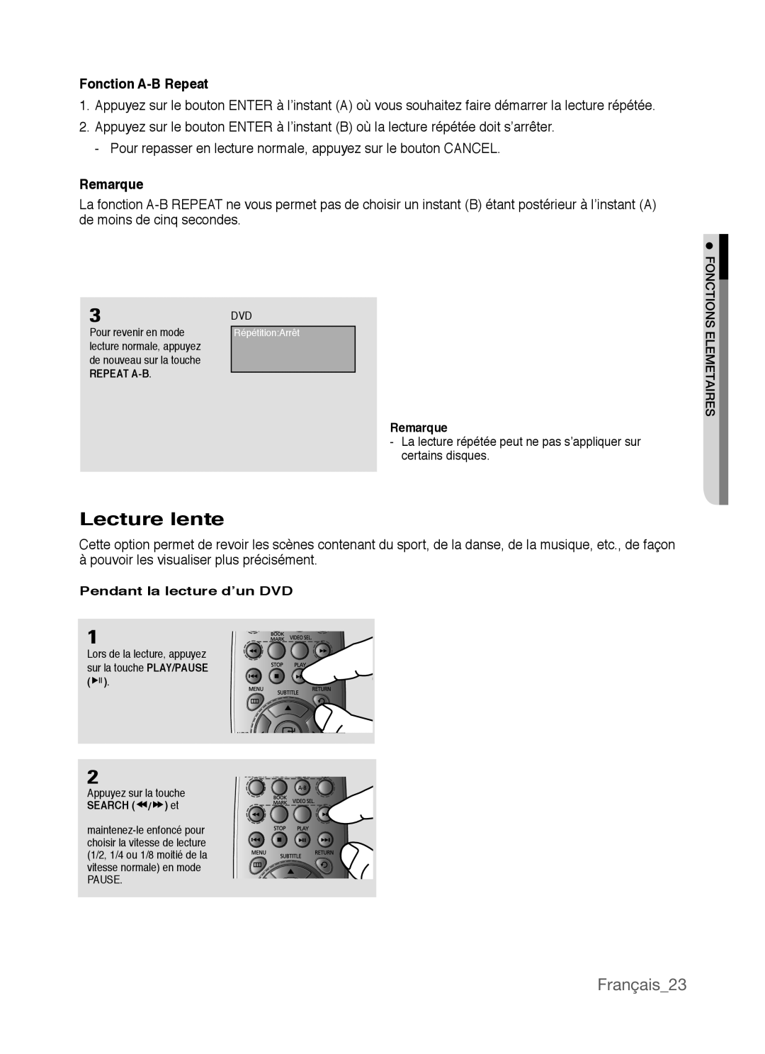 Samsung AK68-01770G, DVD-P390 user manual Lecture lente, Français23, Fonction A-B Repeat, Remarque 