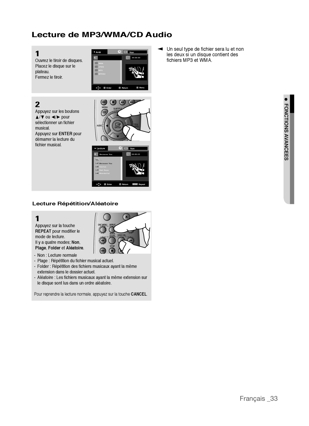 Samsung AK68-01770G, DVD-P390 Lecture de MP3/WMA/CD Audio, Français, fichiers MP3 et WMA, Lecture Répétition/Aléatoire 