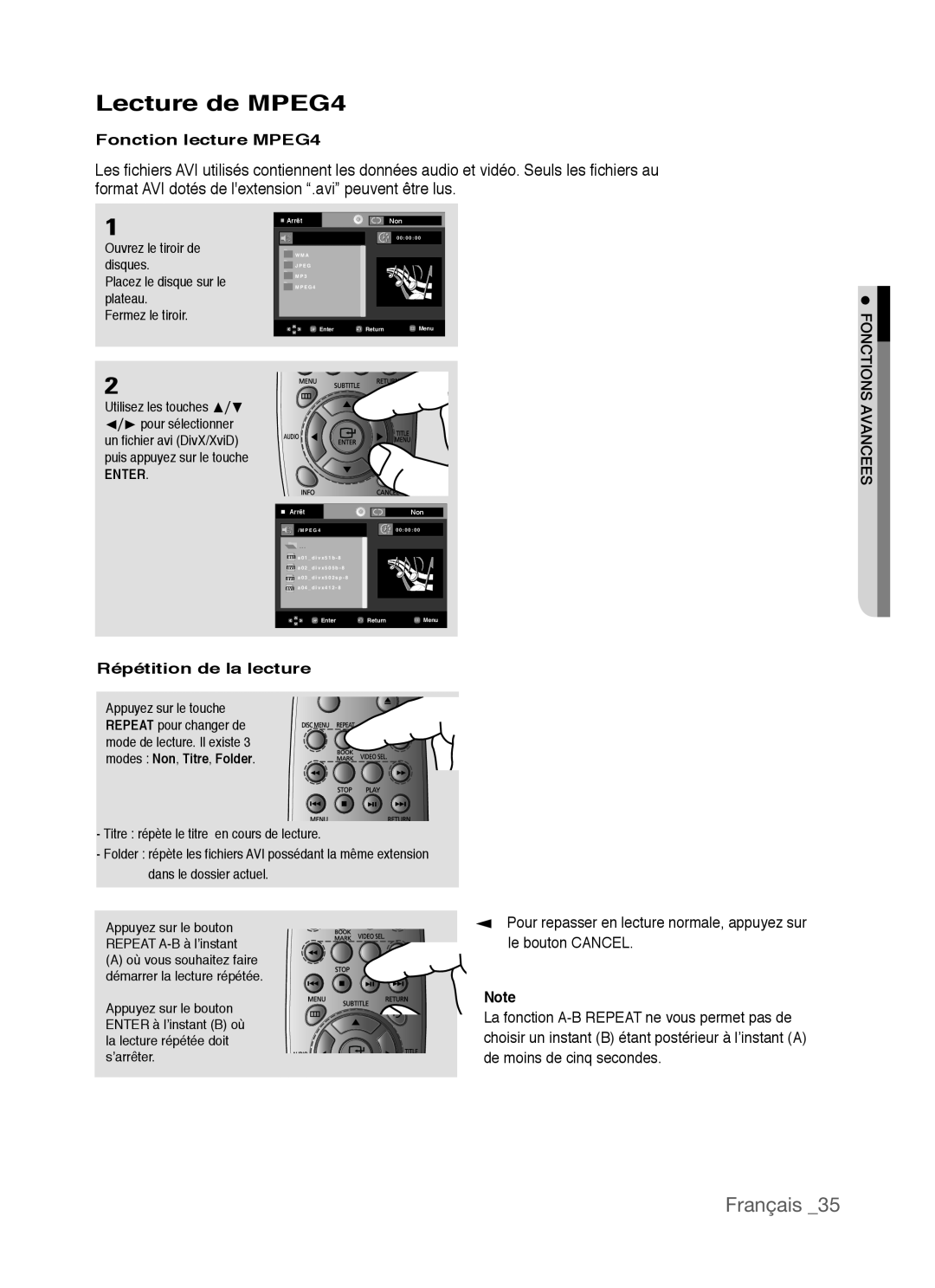Samsung AK68-01770G Lecture de MPEG4, Français, Fonction lecture MPEG4, Répétition de la lecture, le bouton CANCEL, Enter 