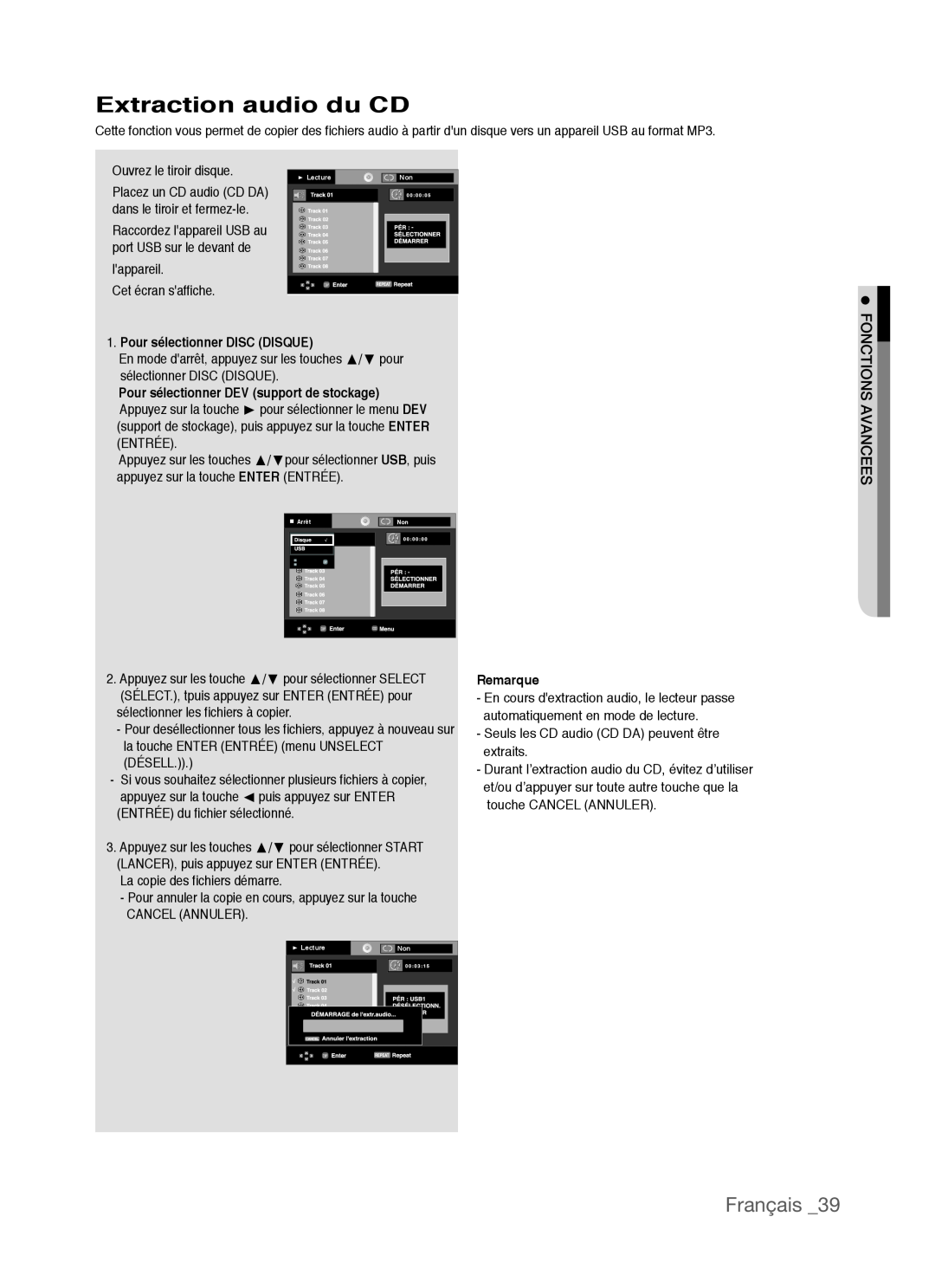 Samsung AK68-01770G, DVD-P390 user manual Extraction audio du CD, Français, Pour sélectionner DISC DISQUE, Remarque 