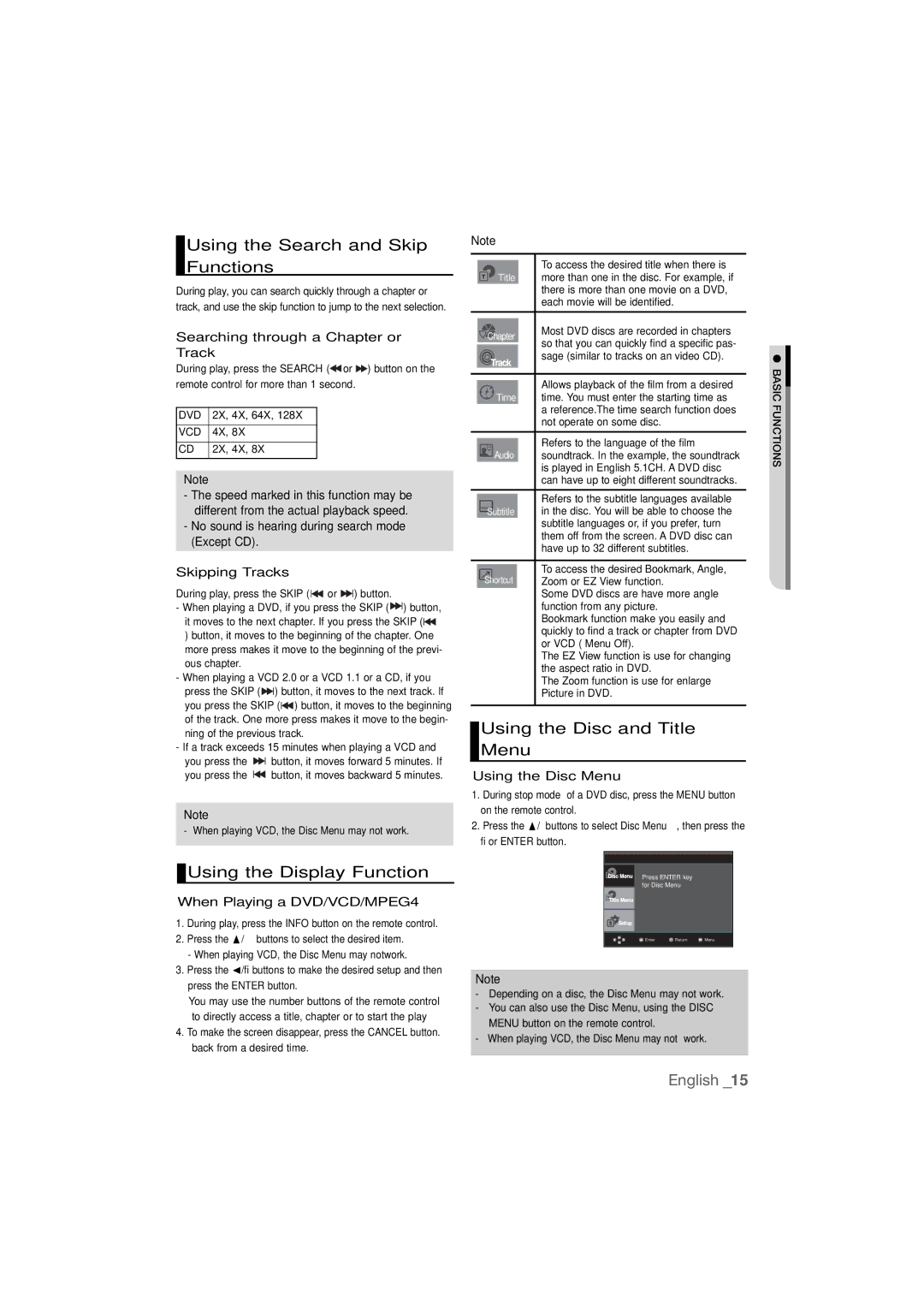 Samsung DVD-P390 user manual Using the Search and Skip Functions, Using the Display Function, Using the Disc and Title Menu 