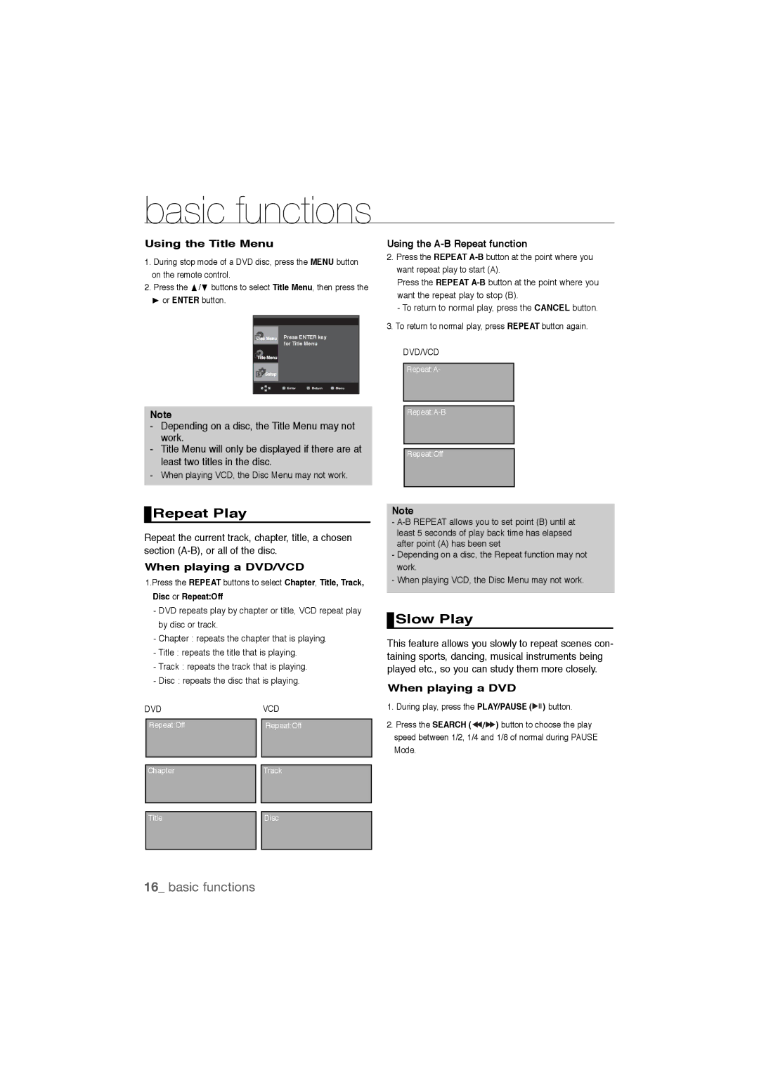 Samsung DVD-P390 user manual Repeat Play, Slow Play 