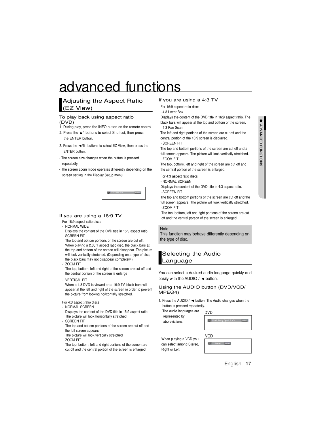 Samsung DVD-P390 user manual Advanced functions, Adjusting the Aspect Ratio EZ View, Selecting the Audio Language 