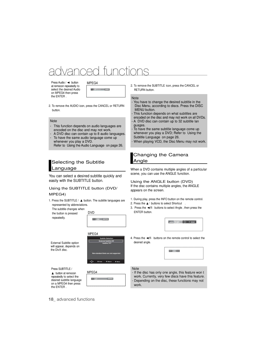 Samsung DVD-P390 user manual Selecting the Subtitle Language, Changing the Camera Angle, Using the Subtitle button DVD 