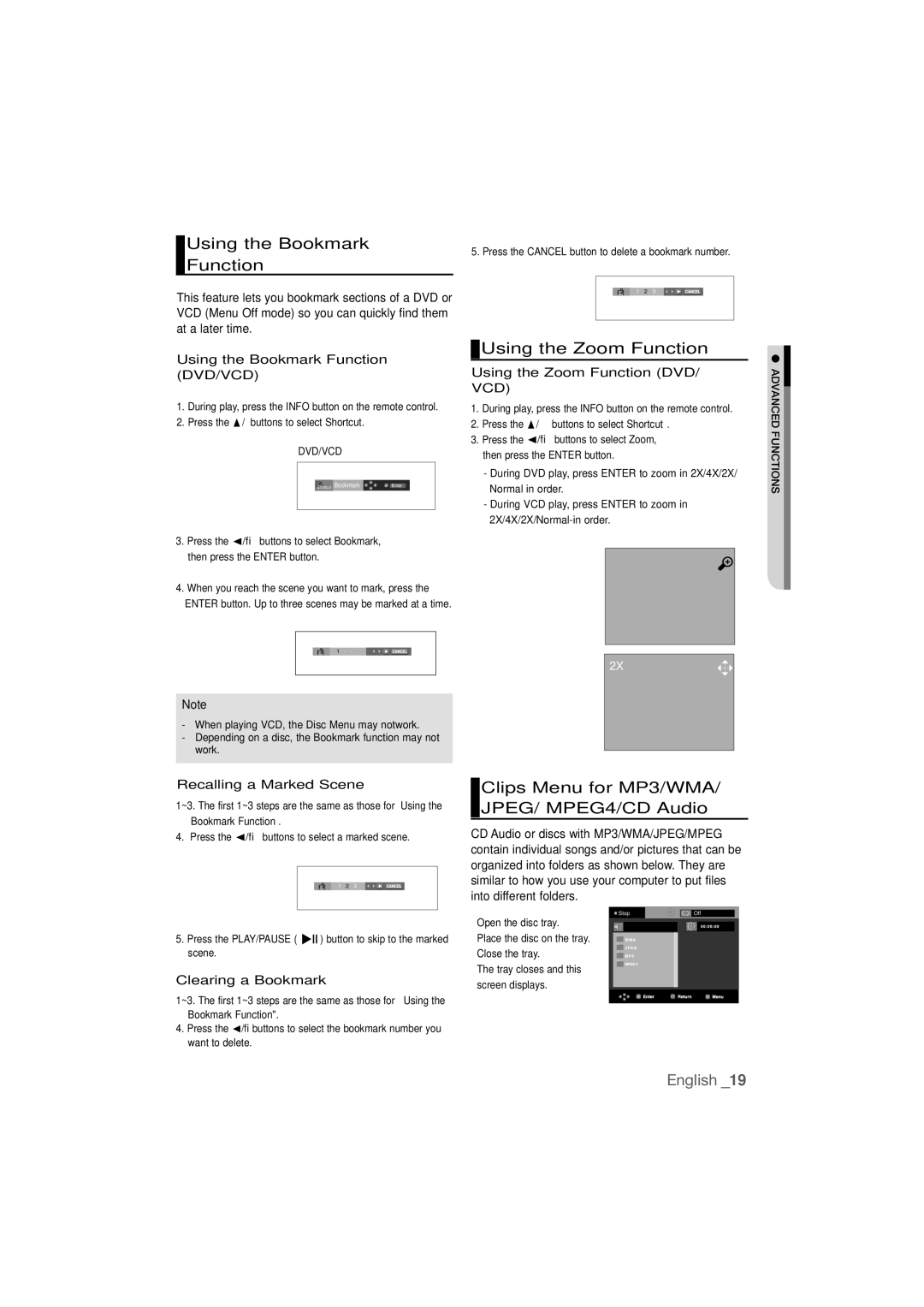 Samsung DVD-P390 Using the Bookmark Function, Using the Zoom Function, Clips Menu for MP3/WMA/ JPEG/ MPEG4/CD Audio 