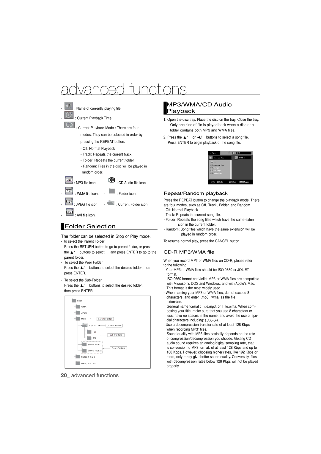 Samsung DVD-P390 user manual Folder Selection, MP3/WMA/CD Audio Playback, Repeat/Random playback, CD-R MP3/WMA file 