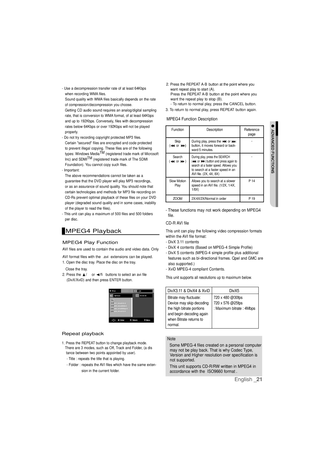 Samsung DVD-P390 MPEG4 Playback, MPEG4 Play Function, MPEG4 Function Description, CD-R AVI file, Repeat playback 