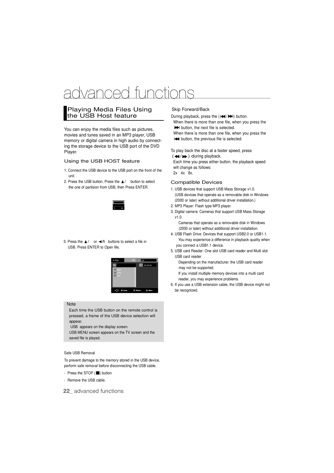 Samsung DVD-P390 Playing Media Files Using the USB Host feature, Skip Forward/Back, Compatible Devices, Safe USB Removal 