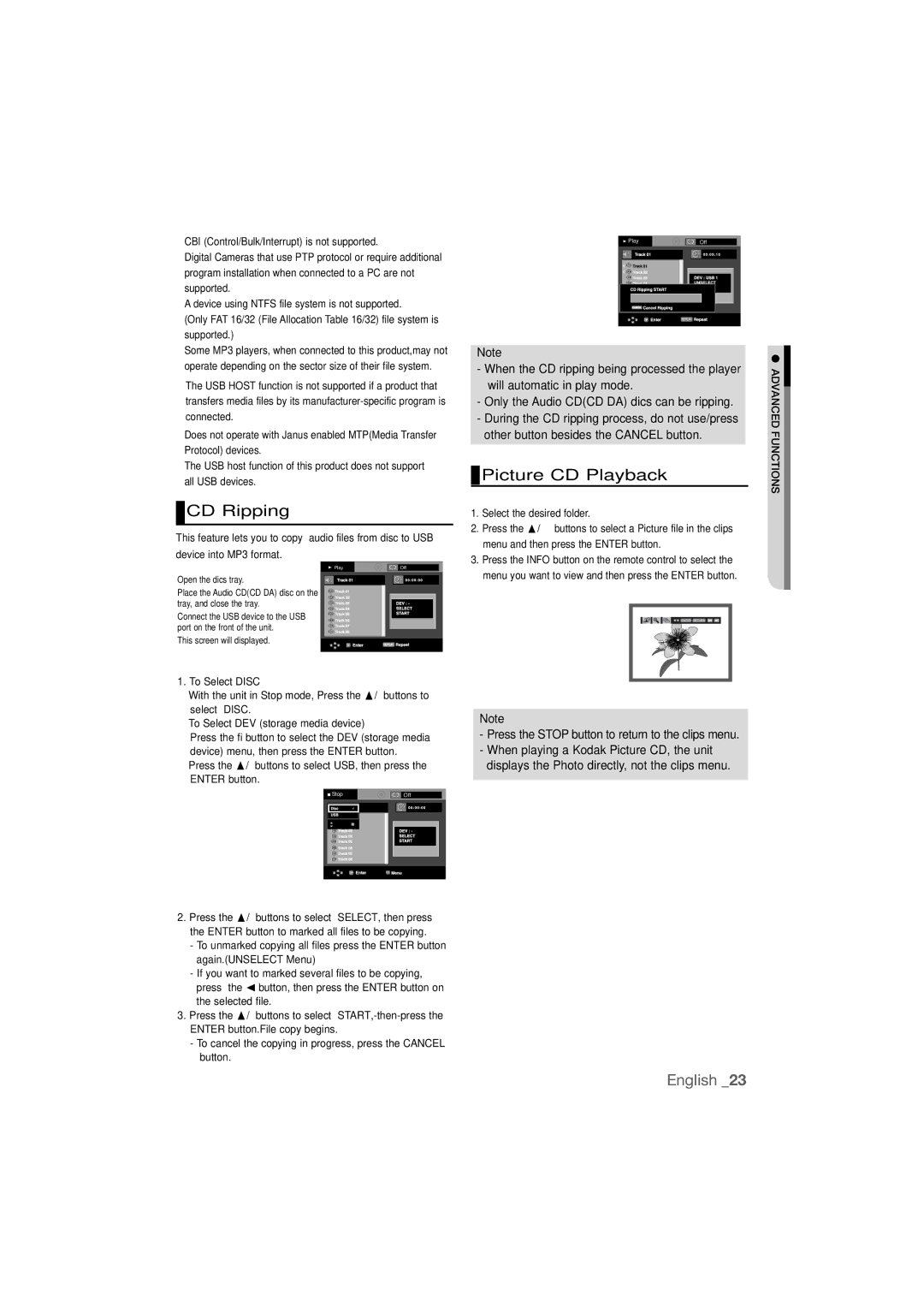 Samsung DVD-P390 user manual CD Ripping, Picture CD Playback, To Select Disc, To Select DEV storage media device 