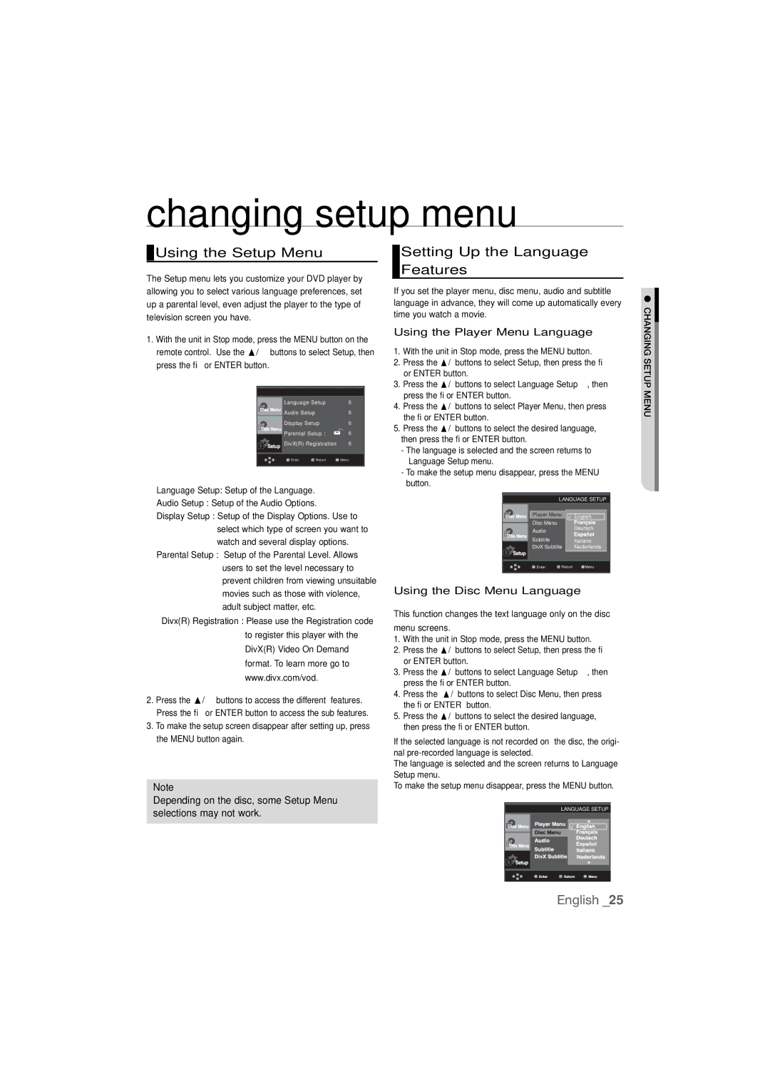 Samsung DVD-P390 Changing setup menu, Using the Setup Menu, Setting Up the Language Features, Using the Disc Menu Language 