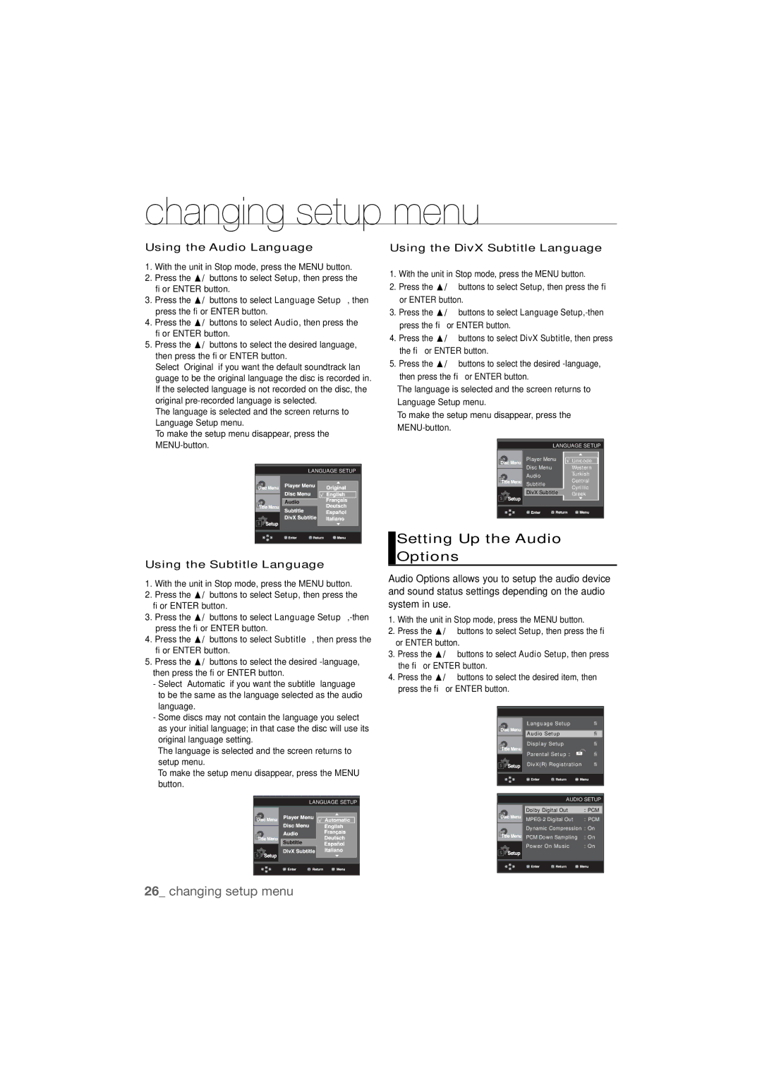 Samsung DVD-P390 user manual Setting Up the Audio Options, Using the Audio Language Using the DivX Subtitle Language 