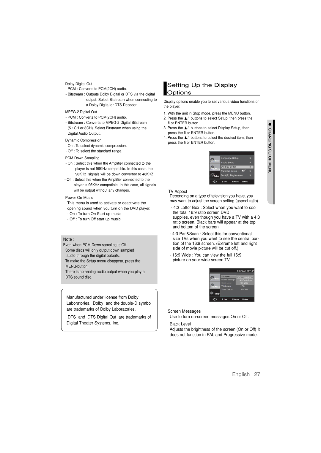 Samsung DVD-P390 user manual Setting Up the Display Options, ❶ TV Aspect, ❷ Screen Messages, ❸ Black Level 