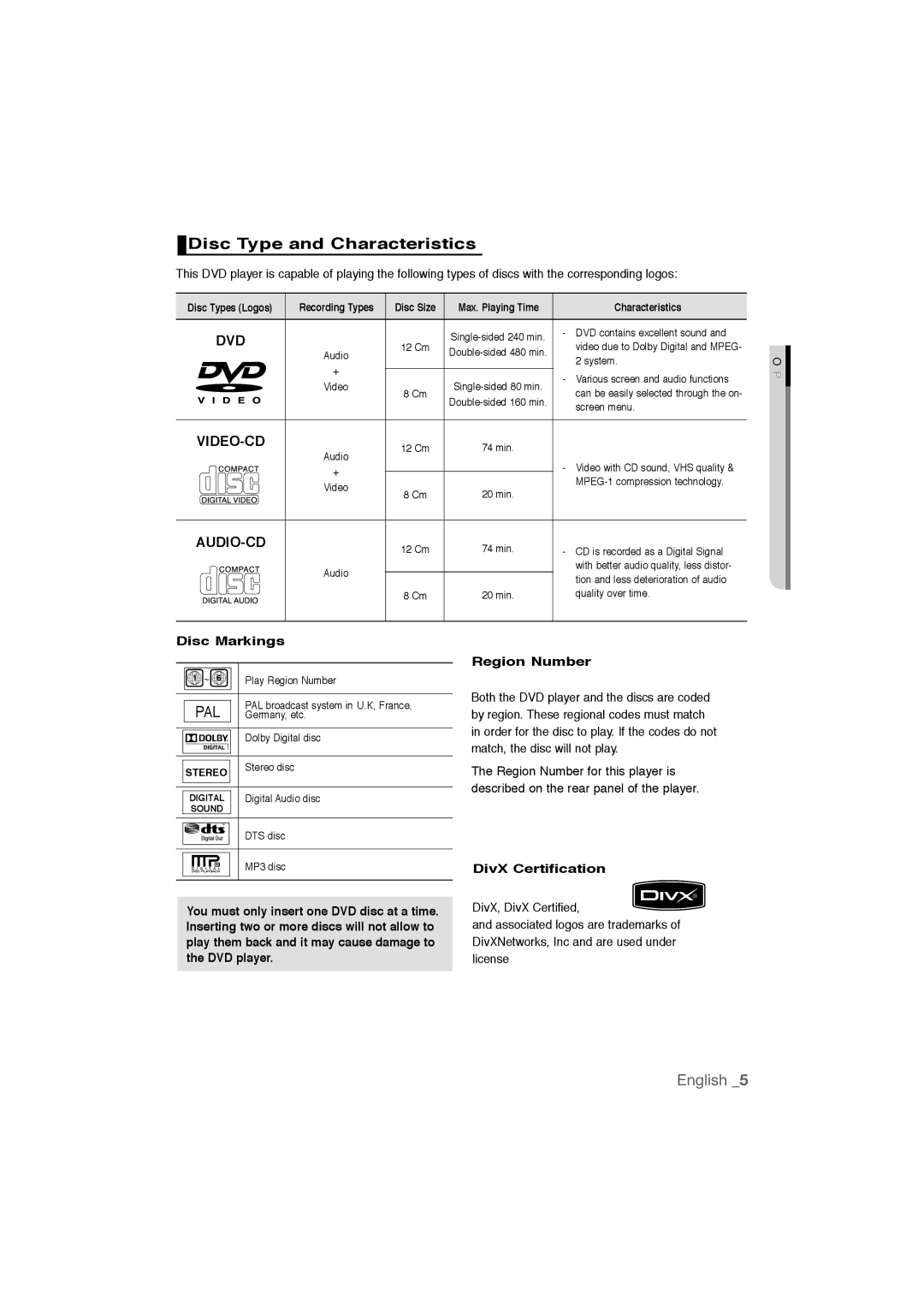 Samsung DVD-P390 user manual Disc Type and Characteristics, Disc Markings, DivX Certification 