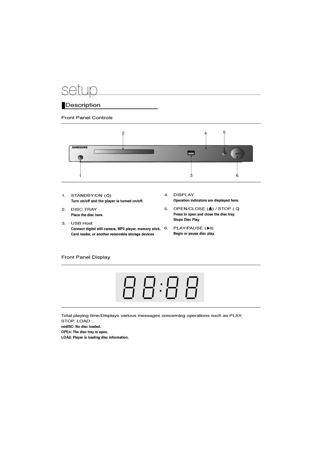 Samsung DVD-P390 user manual Description, Front Panel Controls, Front Panel Display, Disc Tray Place the disc here USB Host 