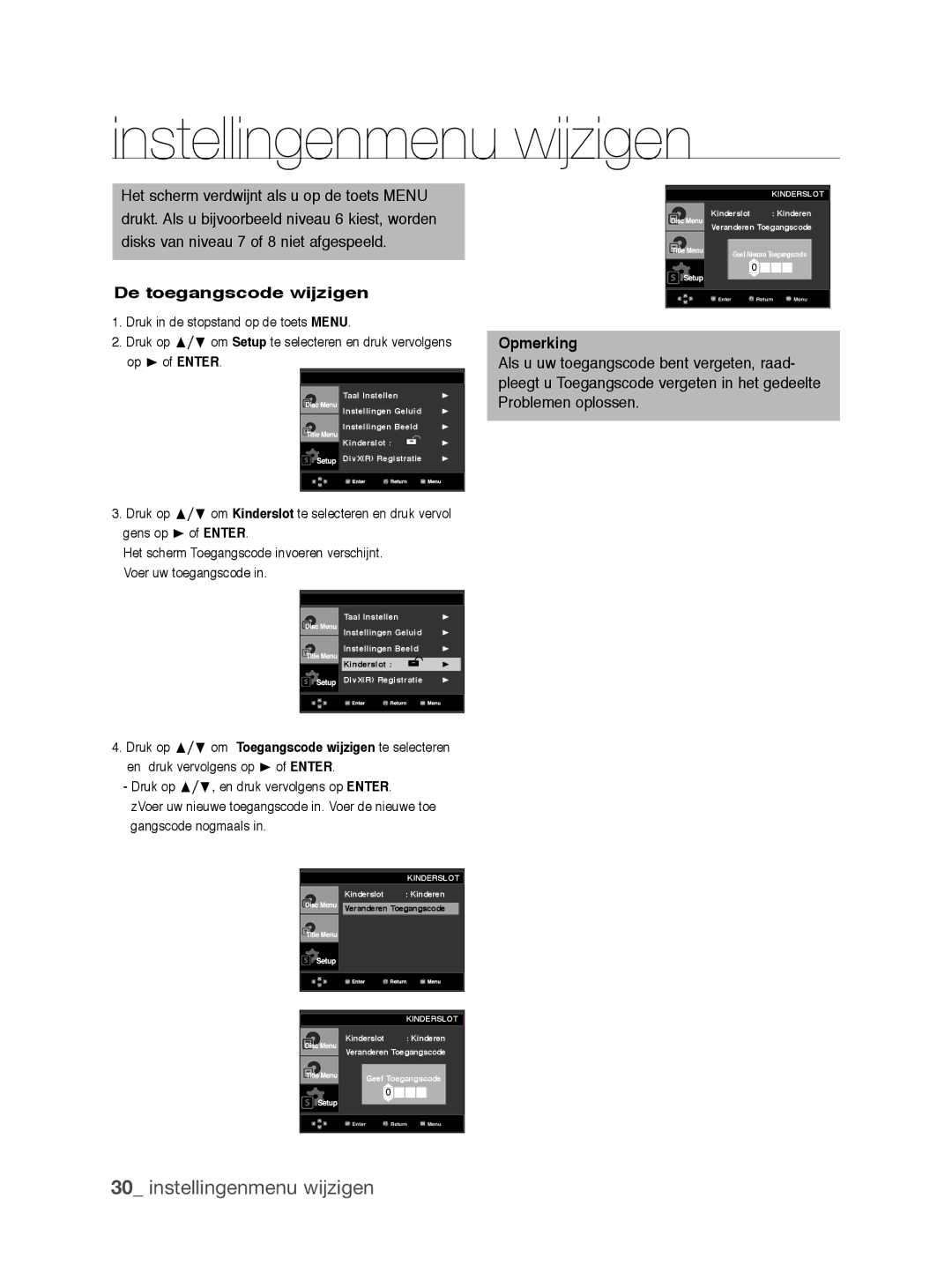 Samsung DVD-P390/XEL, DVD-P390/EDC manual De toegangscode wijzigen 