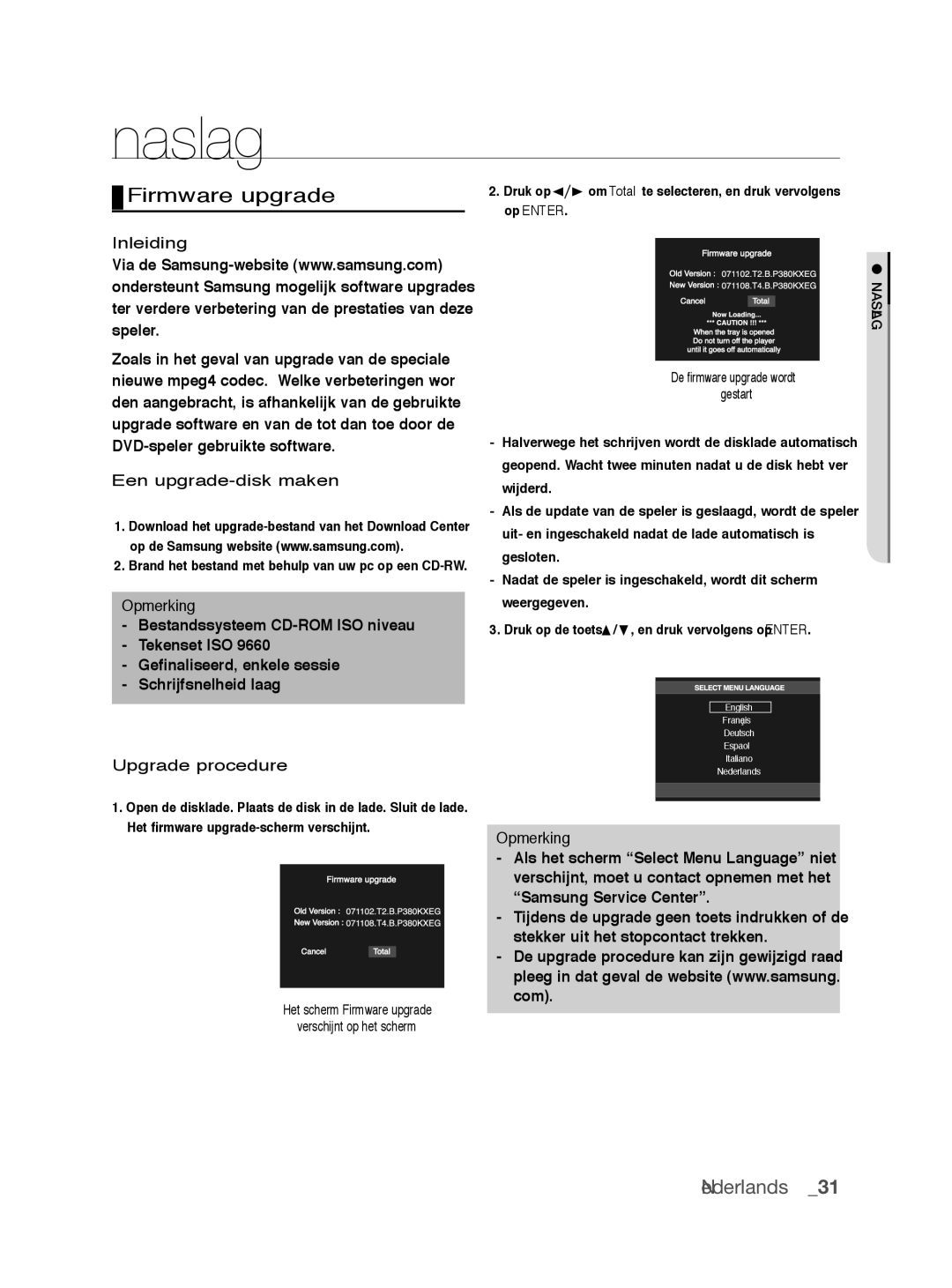 Samsung DVD-P390/EDC manual Naslag, Inleiding, Een upgrade-disk maken, Het scherm Firmware upgrade Verschijnt op het scherm 