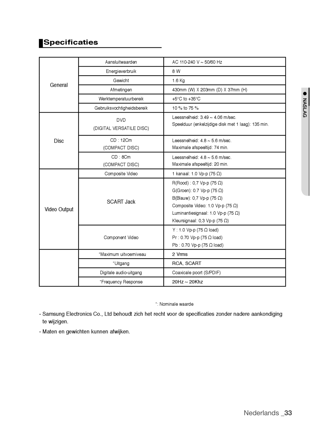 Samsung DVD-P390/EDC, DVD-P390/XEL manual Specificaties, Maten en gewichten kunnen afwijken 