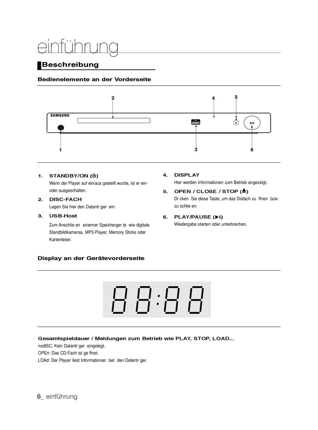 Samsung DVD-P390/EDC manual Beschreibung, Bedienelemente an der Vorderseite, Display an der Gerätevorderseite, Disc-Fach 