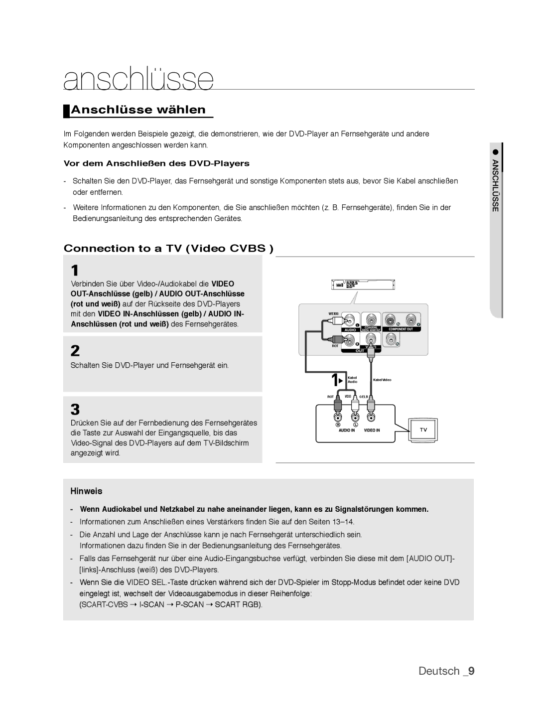 Samsung DVD-P390/XEL manual Anschlüsse wählen, Connection to a TV Video Cvbs, Vor dem Anschließen des DVD-Players 