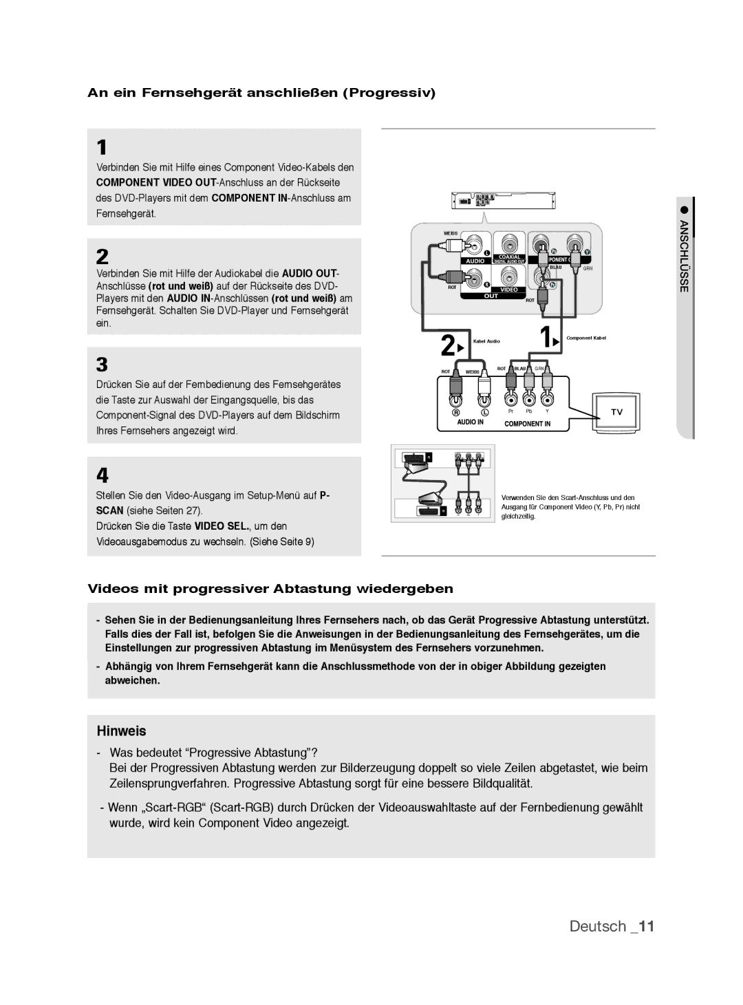 Samsung DVD-P390/XEL, DVD-P390/EDC manual Deutsch, Hinweis, An ein Fernsehgerät anschließen Progressiv 