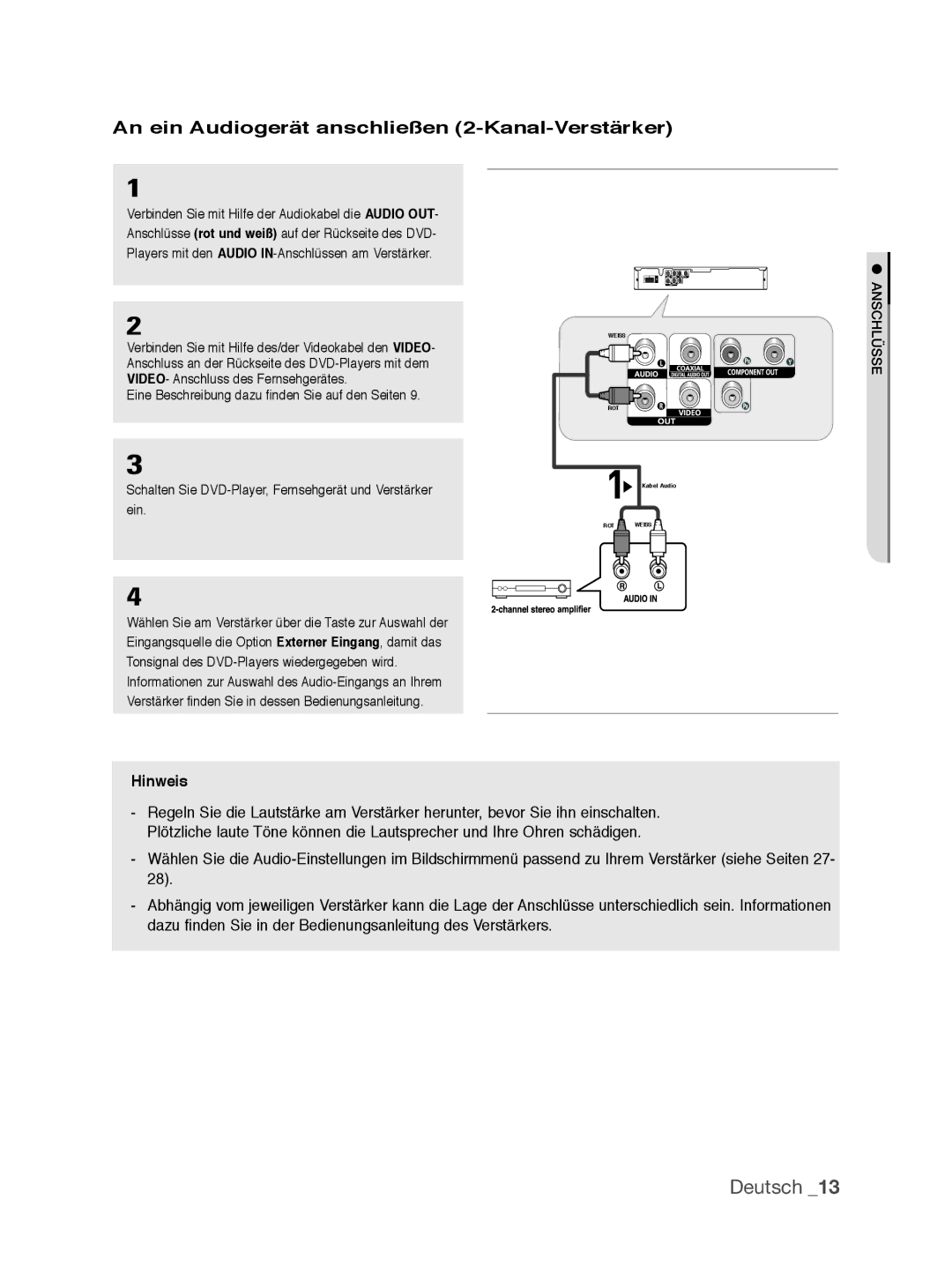 Samsung DVD-P390/XEL, DVD-P390/EDC manual An ein Audiogerät anschließen 2-Kanal-Verstärker 