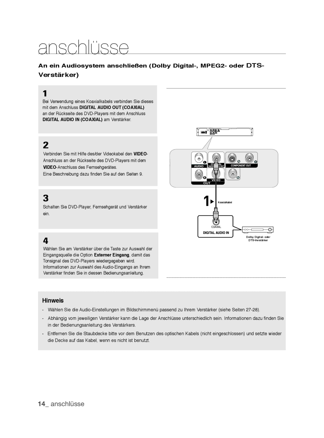 Samsung DVD-P390/EDC, DVD-P390/XEL manual Verstärker, Hinweis 