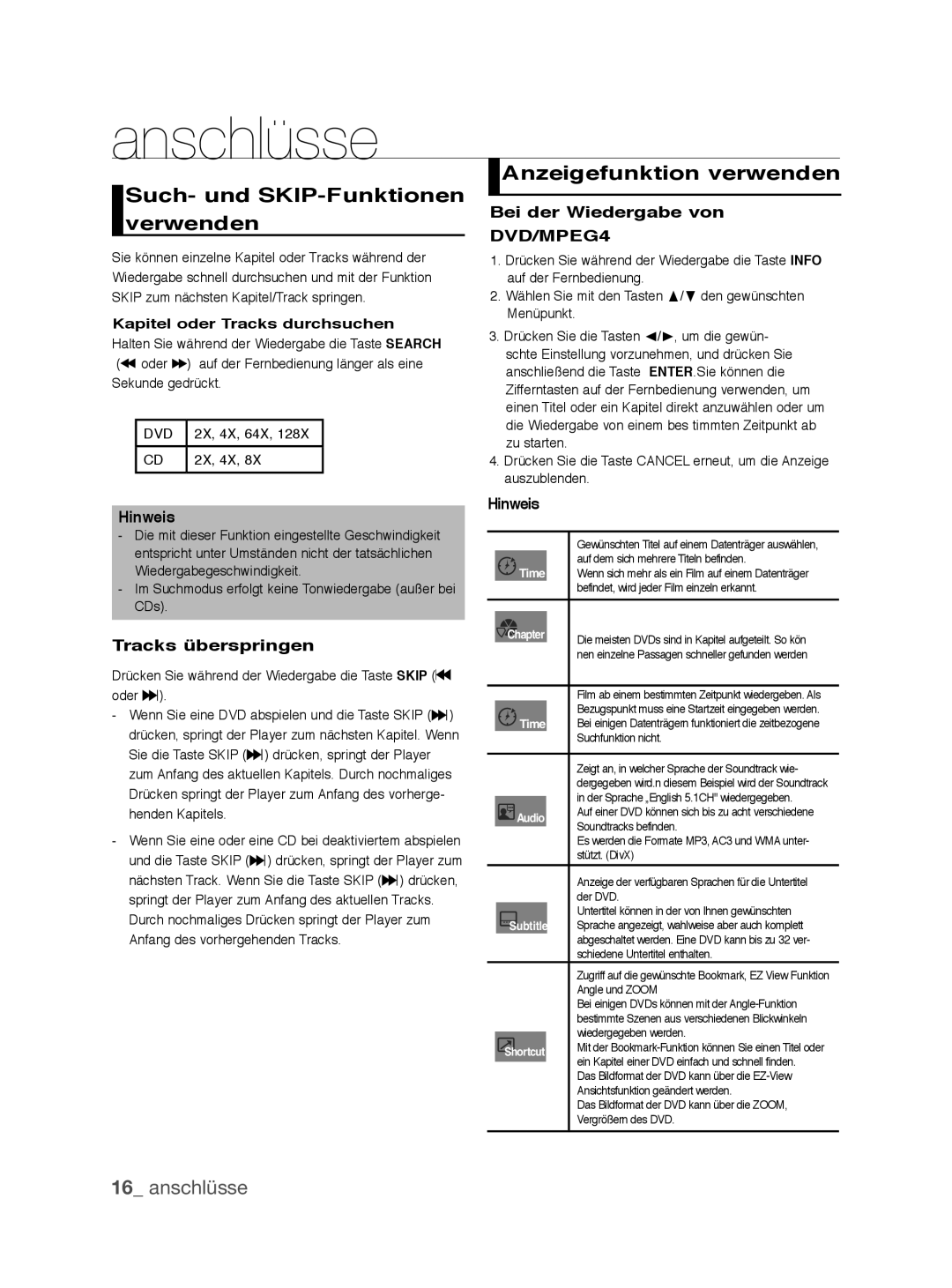 Samsung DVD-P390/EDC, DVD-P390/XEL Such- und SKIP-Funktionen verwenden, Anzeigefunktion verwenden, Tracks überspringen 