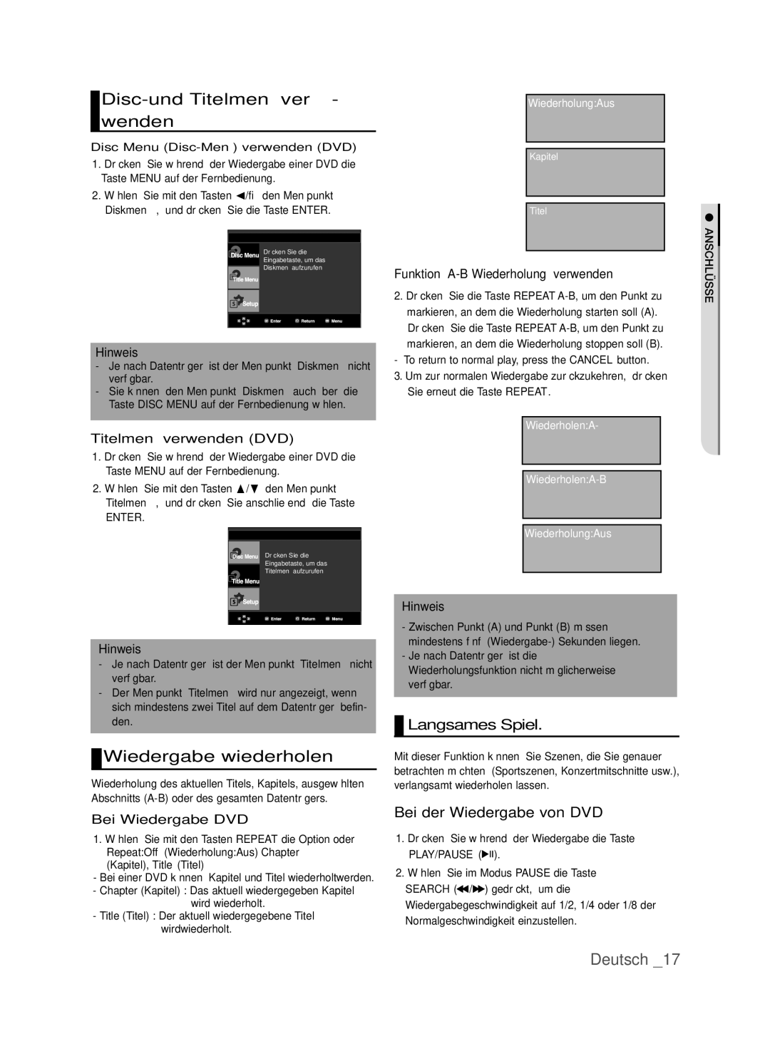 Samsung DVD-P390/XEL Disc-und Titelmenü ver- wenden, Wiedergabe wiederholen, Langsames Spiel, Bei der Wiedergabe von DVD 