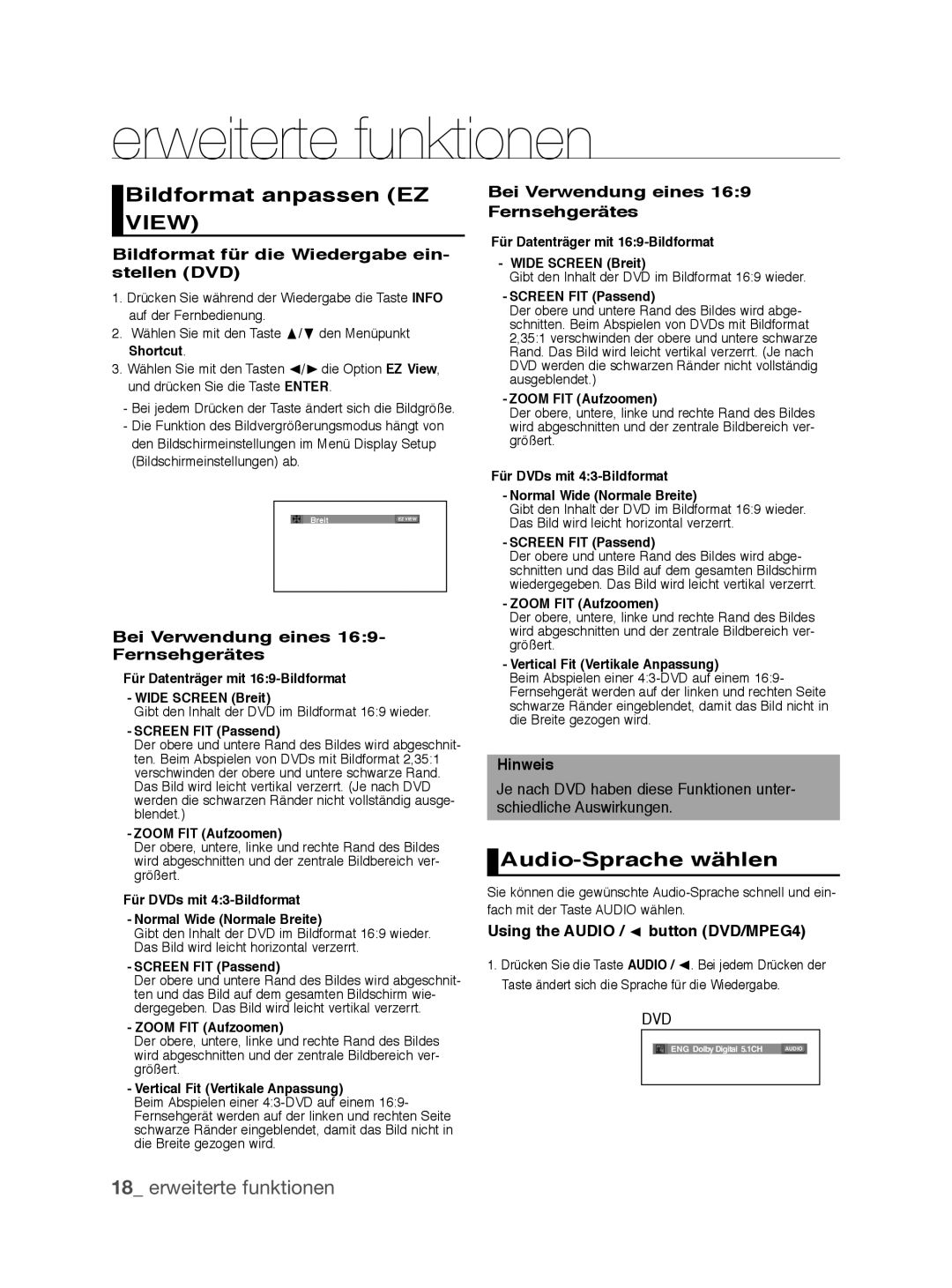 Samsung DVD-P390/EDC, DVD-P390/XEL manual Erweiterte funktionen, Bildformat anpassen EZ View, Audio-Sprache wählen 