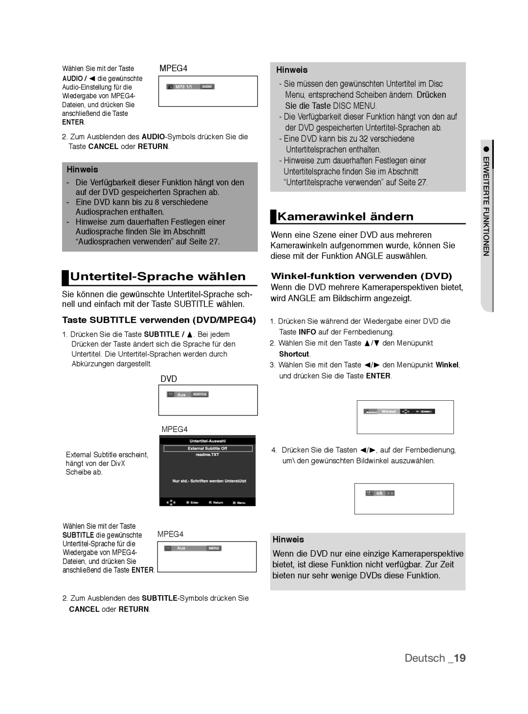 Samsung DVD-P390/XEL, DVD-P390/EDC manual Untertitel-Sprache wählen, Kamerawinkel ändern, Taste Subtitle verwenden DVD/MPEG4 