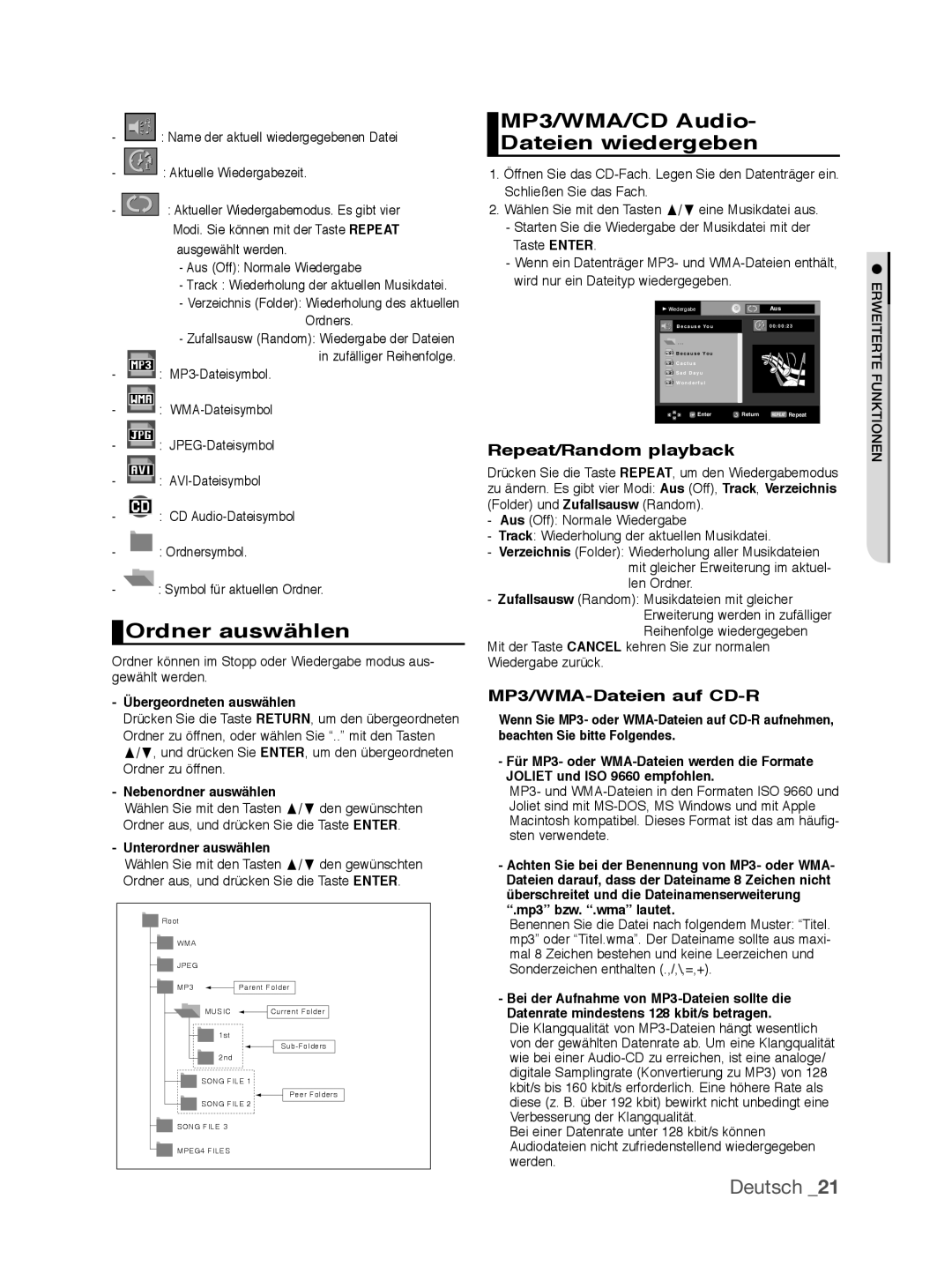 Samsung DVD-P390/XEL, DVD-P390/EDC manual Ordner auswählen, MP3/WMA/CD Audio Dateien wiedergeben, MP3/WMA-Dateien auf CD-R 