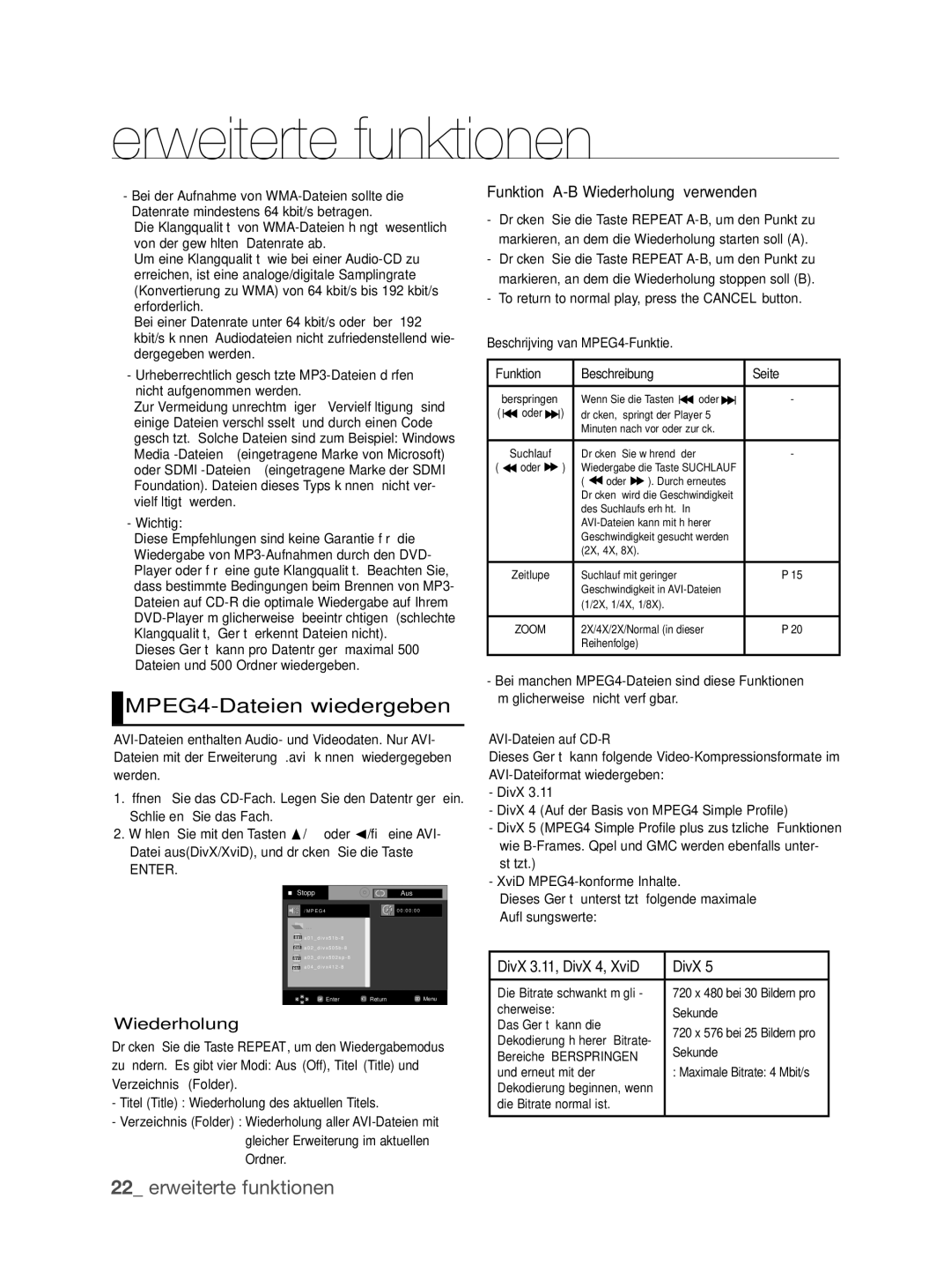 Samsung DVD-P390/EDC, DVD-P390/XEL manual MPEG4-Dateien wiedergeben, Wiederholung, DivX 3.11, DivX 4, XviD 